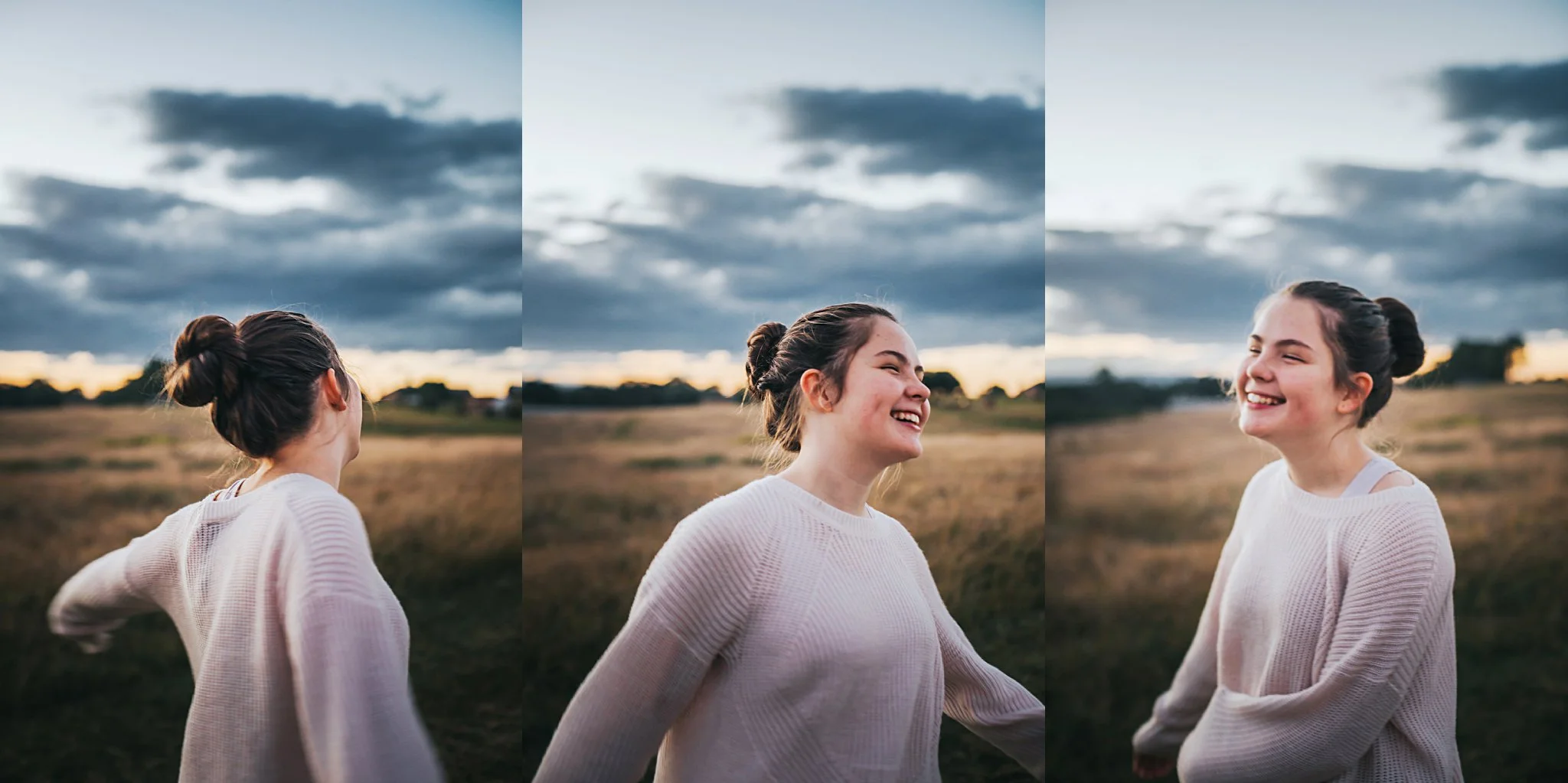A lifestyle portrait of a teenage girl spinning in a field of long grass at sunset in Rouse Hill, Sydney.