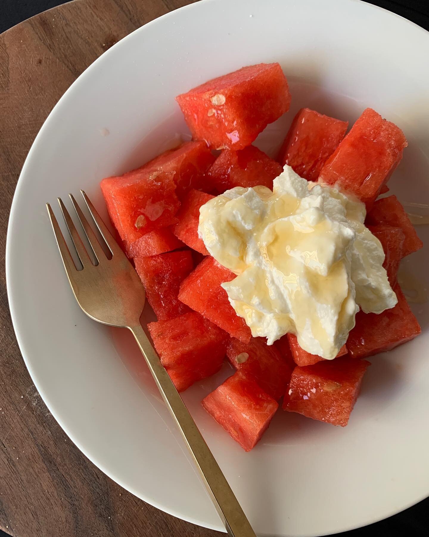 Looking like an easy summer snack! Watermelon, honey and a healthy dollop of whole milk ricotta. Wish I had some mint but maybe next time. 🍉🍯😋 #watermelonsugarhigh