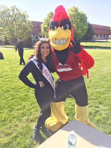 Hanging out with Charlie Cardinal at Ball State University at the No More Obstacles Challenge Course with the Exercise Science Club.