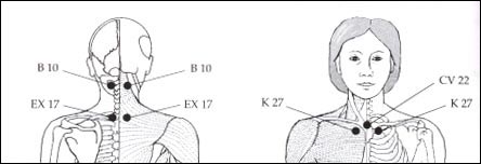 Ding Chuan (Extra Point 17) Location: To the side and a little above the vertebra that protrudes at the top of the spine when the head is tilted downward. Benefits: Relieves throat problems, coughing, shoulder and neck pain, and thyroid imbalances. Heavenly Pillar (13 10) Location: One-half inch below the base of the skull on the ropy muscles one-half inch out from either side of the spine. Benefits: Relieves sore throat, stress, burnout, overexertion, and heaviness in the head. Heaven Rushing Out (CV 22) Location: At the base of the throat in the large hollow directly below the Adam's apple. Benefits: Relieves dry cough, bronchitis, sore throat, chest congestion, and heartburn. Elegant Mansion (K 27) Location: In the hollow below the collarbone next to the breastbone. Benefits: Relieves chest congestion, breathing difficulties, asthma, coughing, and anxiety. (You do not have to use all of these points. Using just one or two of them whenever you have a cough can be effective.)
