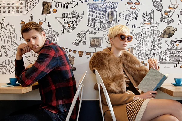 Mural used as background for "Missed Connections" fashion article. BROOKLYN MAGAZINE, September, 2013. Photo by UNGANO + AGRIODIMAS for Brooklyn Magazine. Models Louise Donegan @ ONE & Rafeal Breier