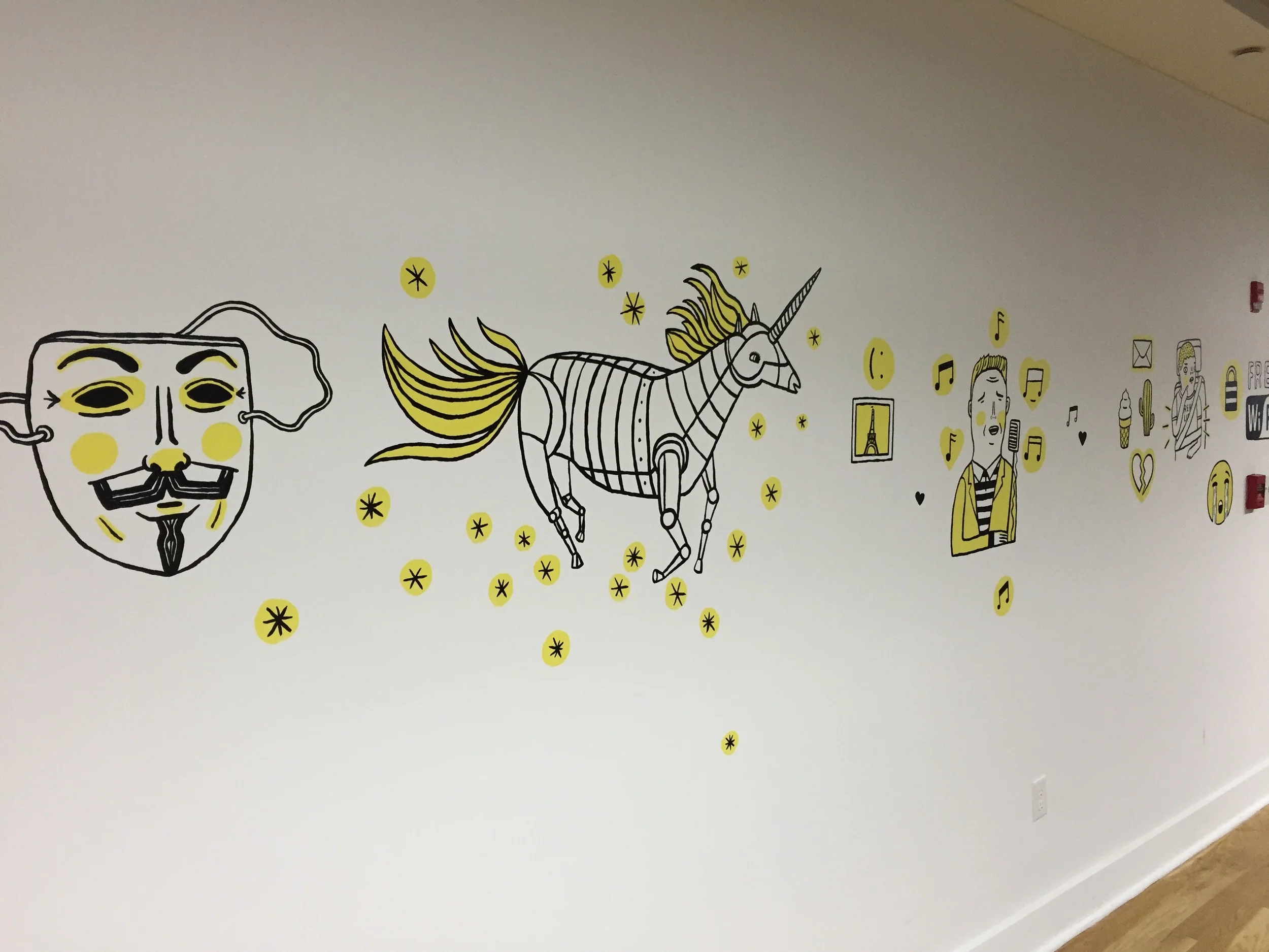  "V, Rainbow Unicorn, Rick-Rolled, Is this real life?" Meme mural at Digiday. NYC 