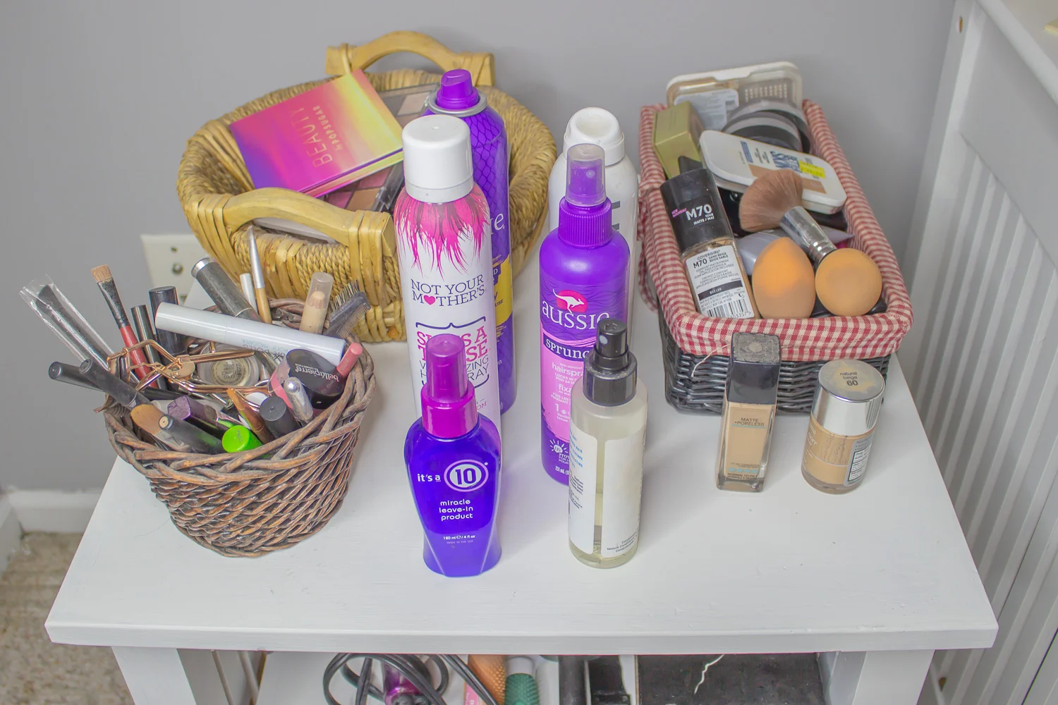 Before: Unorganized makeup and hair product.