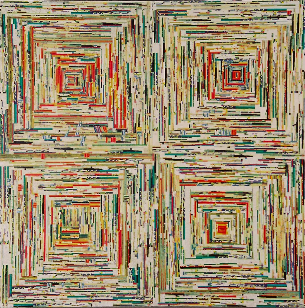 turning 40 collage on wood panel 4ft x 4 ft