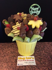 Chocolate Indulgence Every chocolate lovers dream. This bouquet has a honey dew melon trim, filled with apples, strawberries and pineapple. Dipped with milk oreo and skor $65/$75/$85