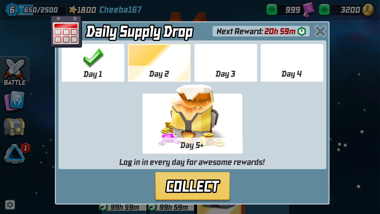 Super Senso Daily Login Built in Axure RP Concept for daily login rewards, which reset upon failed login, and stack up to five times, with Day 5+ presenting a random roll of goodies to incent retention.