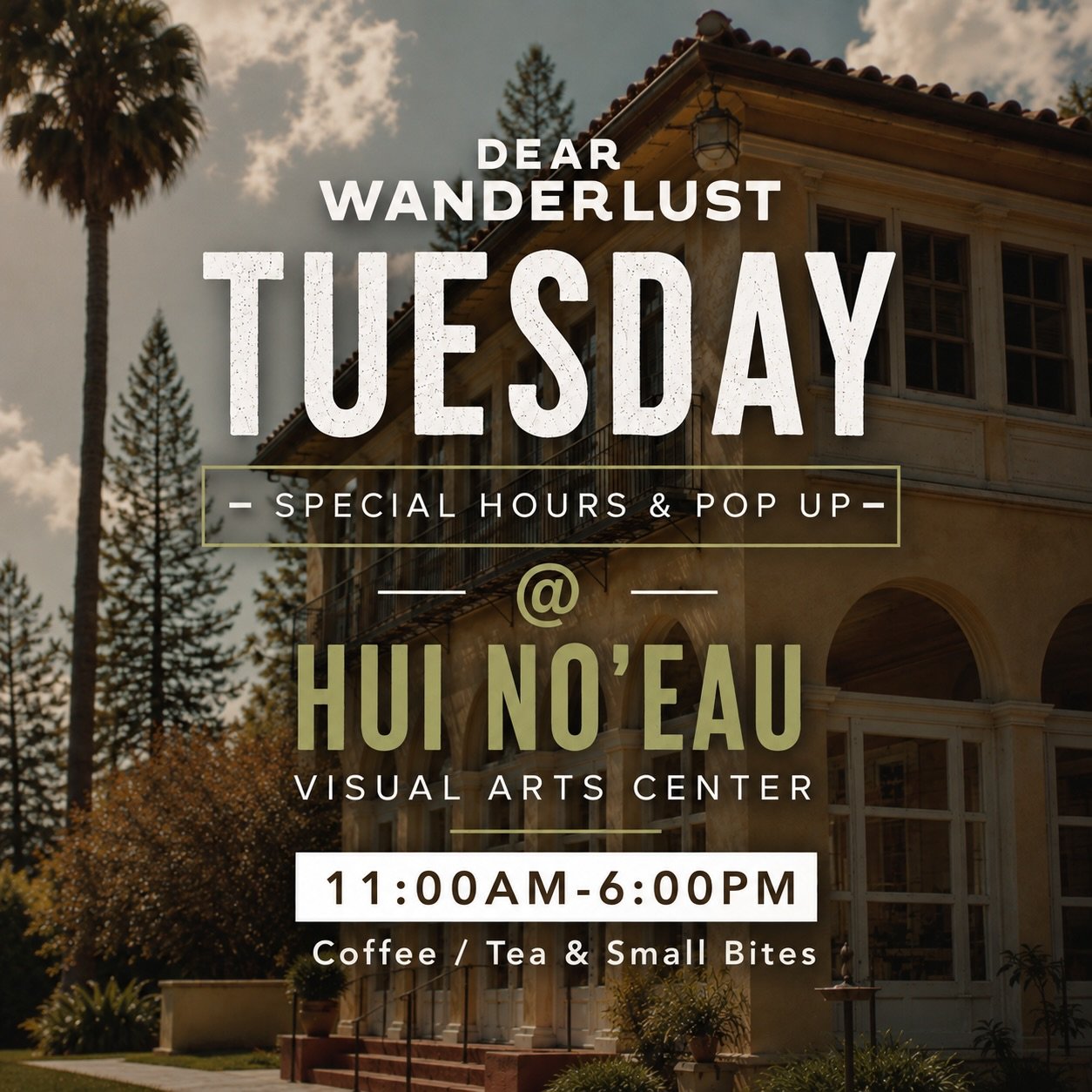 @dearwanderlustmaui is popping up at the Hui tomorrow! Tuesday, August 11, from 11 AM&ndash;6 PM. ☕️

Stop by for an afternoon pick-me-up and take in the views of our beautiful Kaluanui Estate and Gallery. The Youth Exhibition show is full of amazing