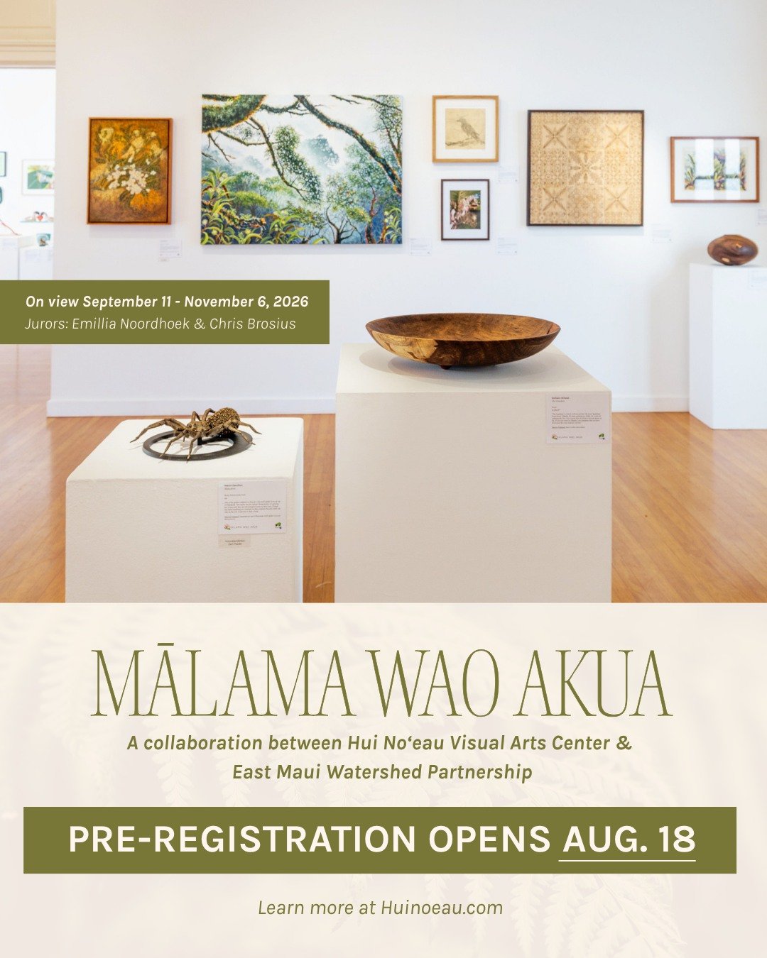 MĀLAMA WAO AKUA 2026

CALL FOR ARTISTS

PRE-REGISTRATION | AUG. 18&ndash;25

Inspired by Hawaiʻi&rsquo;s forests, watersheds, native plants, native animals, and the many ways we are connected to the natural world, Mālama Wao Akua invites artists to r