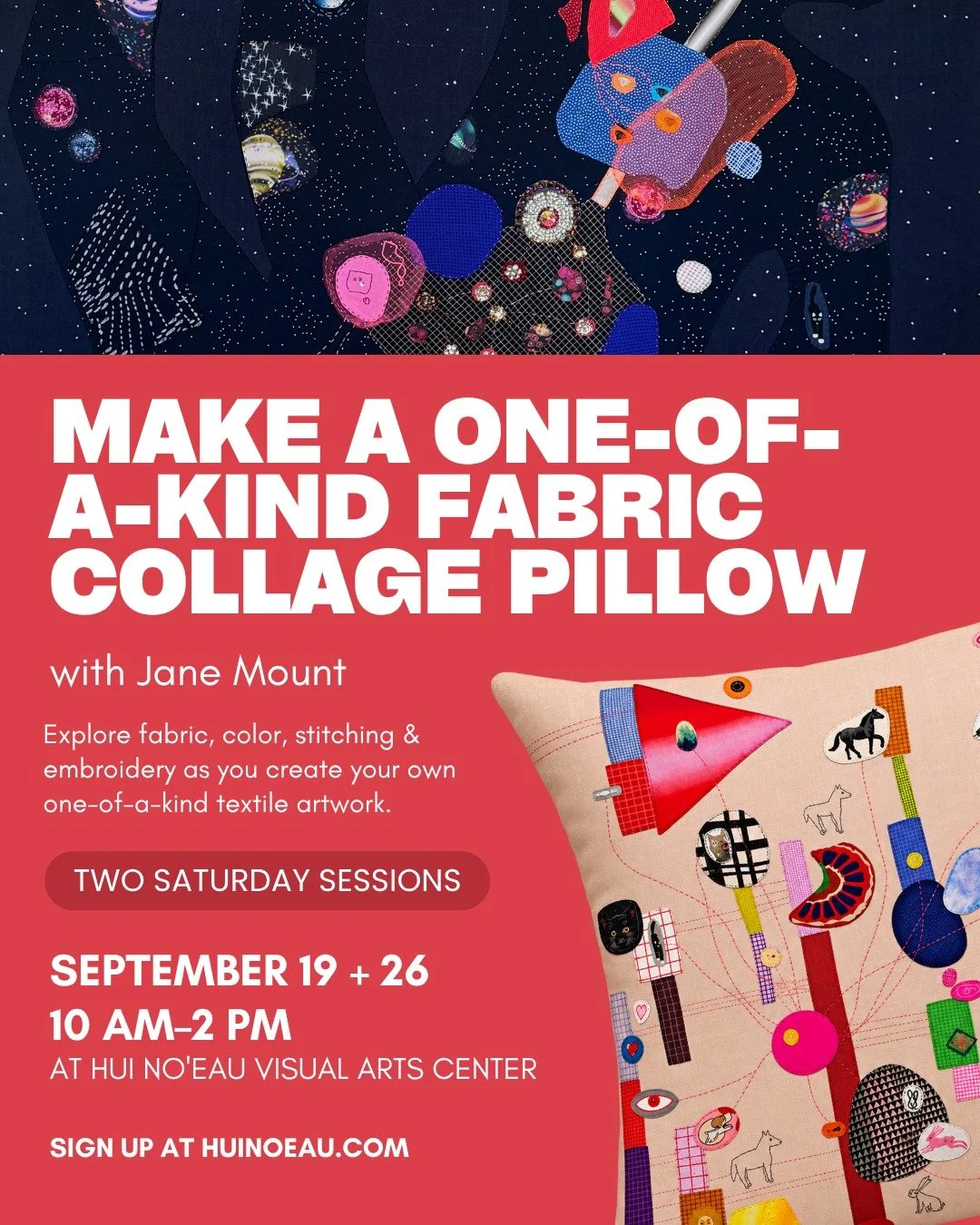 If you loved Jane Mount&rsquo;s textile collage work in our Solo Artist Exhibition earlier this year, here&rsquo;s your chance to get hands-on and try it yourself!

Join Jane for Fabric Collage + Embroidery: Create a Linen Throw Pillow, a two-session