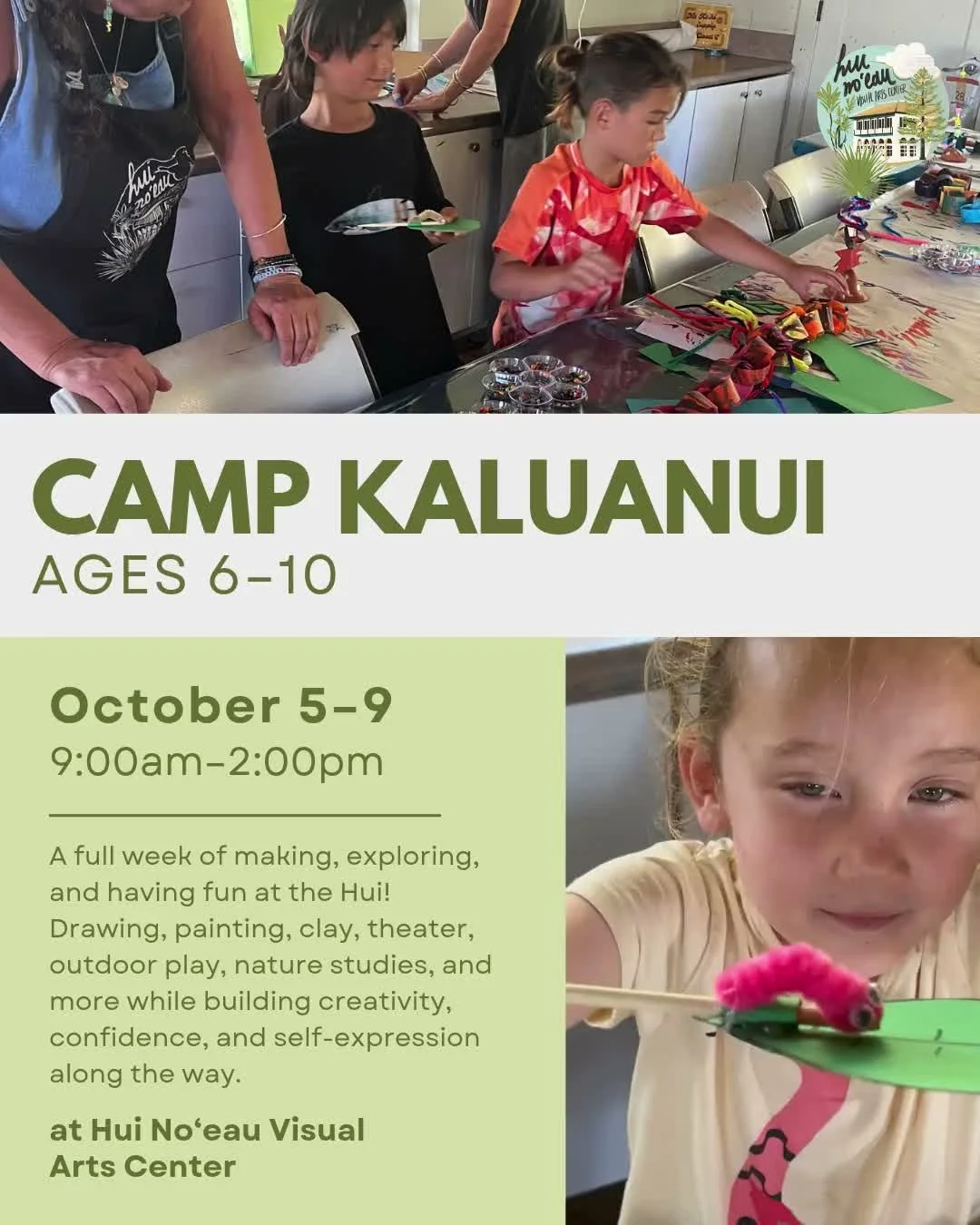Fall art-making is here! 🍂🎨 Registration is now open for Fall Art Camp Kaluanui for ages 6&ndash;10 and Fall Intensives for tweens and teens ages 11+ at the Hui.

Fall Art Camp Kaluanui | Ages 6&ndash;10
📅 October 5&ndash;9
A full week of making, 