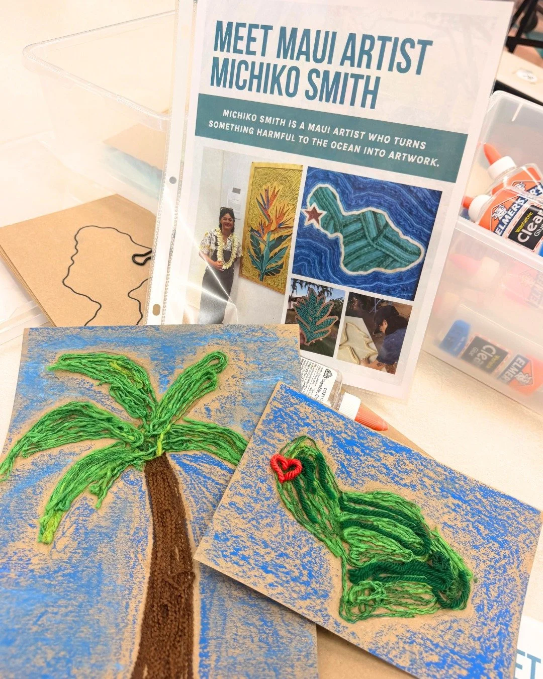 Last week at Nā Keiki Noʻeau, students turned leftover yarn from previous projects into colorful collages and works of art inspired by our island home.

The lesson was inspired by the work of @artbymichi.co, encouraging students to look at an everyda