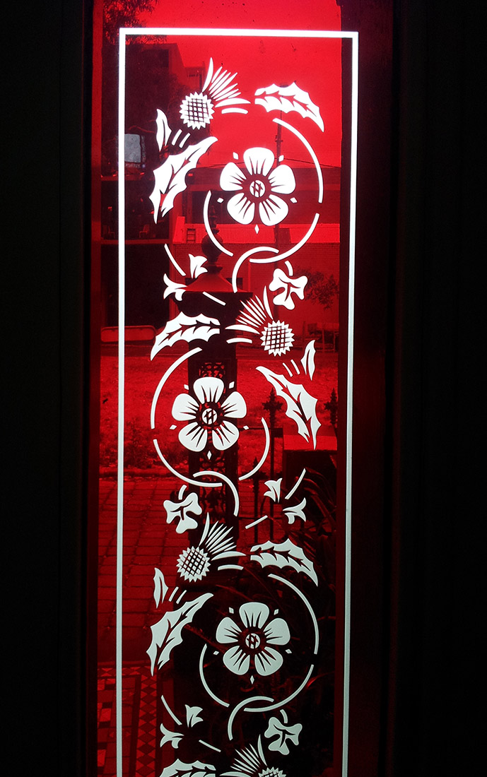 Victorian red sidelight window with sandblasted cherry blossom design