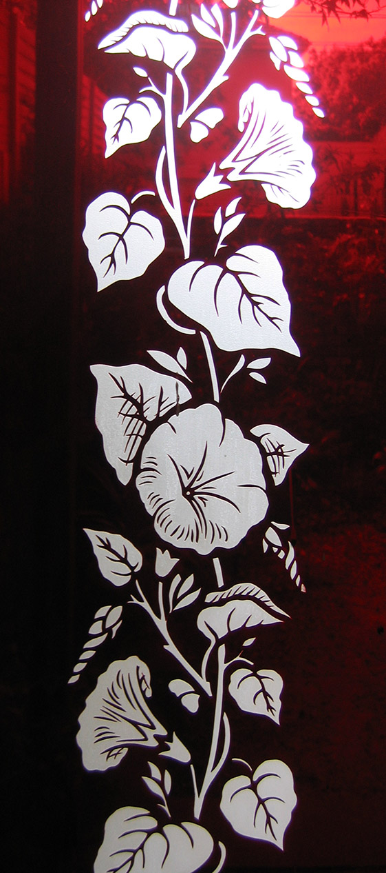 Victorian red sidelight window sandblasted design with morning glory design