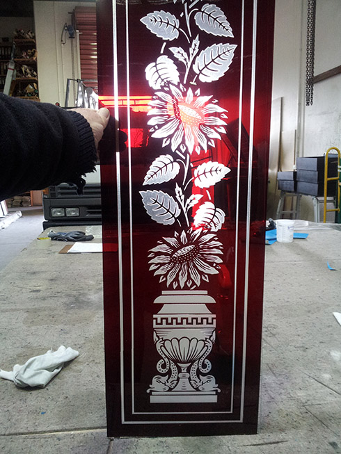 Victorian red sidelight window with sandblasted Sunflower design