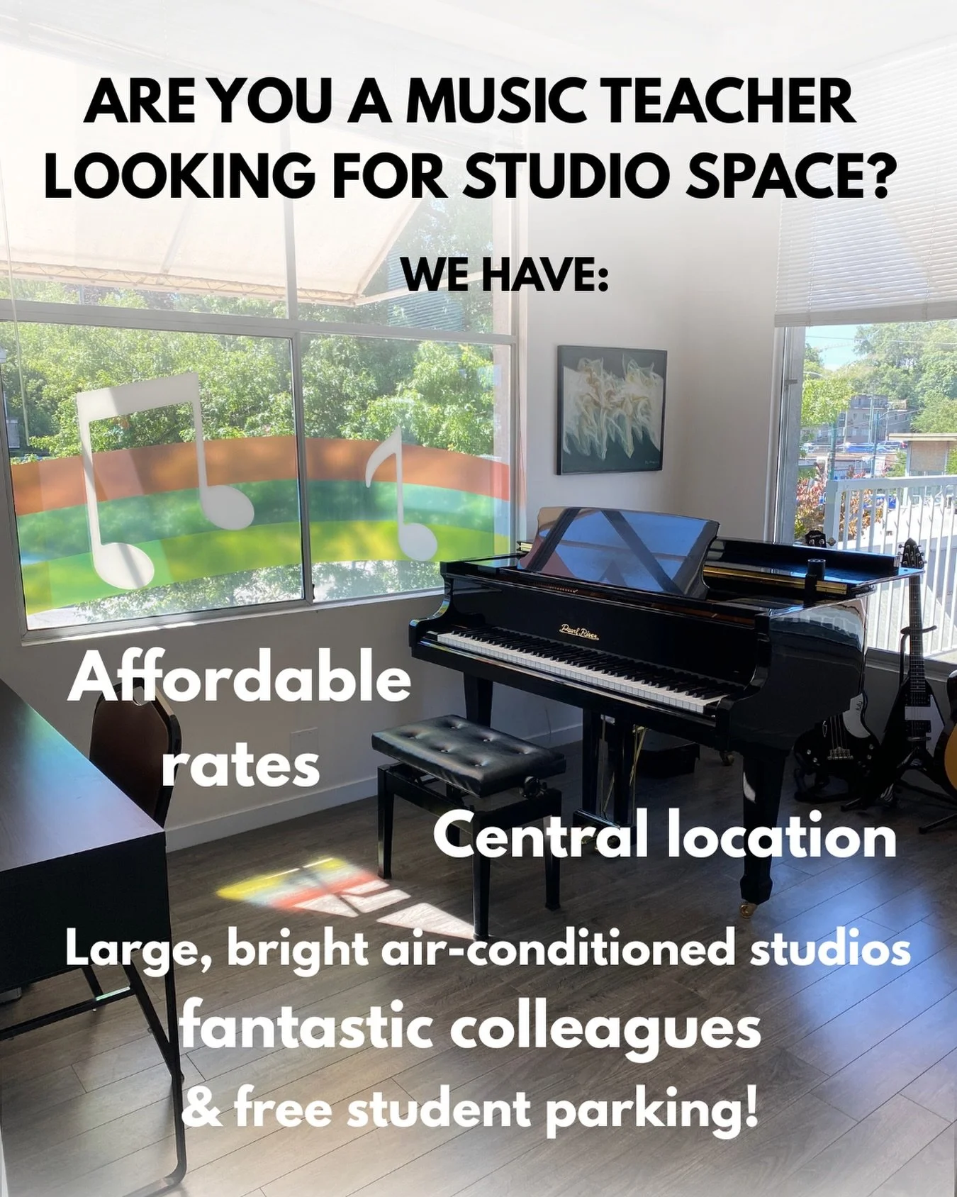 September is fast approaching, and there are still a few lovely music studios hoping a great teacher will claim them!  We have everything you need for your independent teaching business-central location (Broadway/Manitoba) with free student parking, 