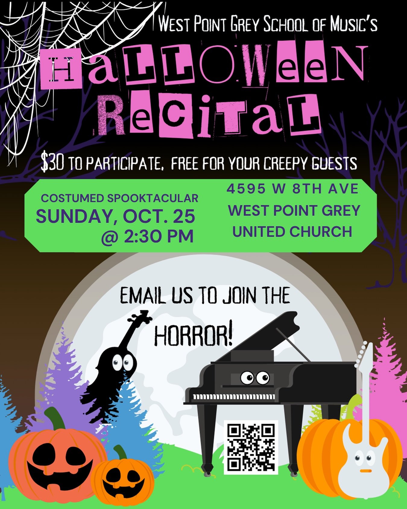 🎃 REGISTER NOW: a spots remain to perform in our annual musical spook-tacular!  This is a safe space to torment the ivories, scratch out a sonata, or shriek your high note.  Fun &amp; supportive environment for musicians of all levels, and the audie