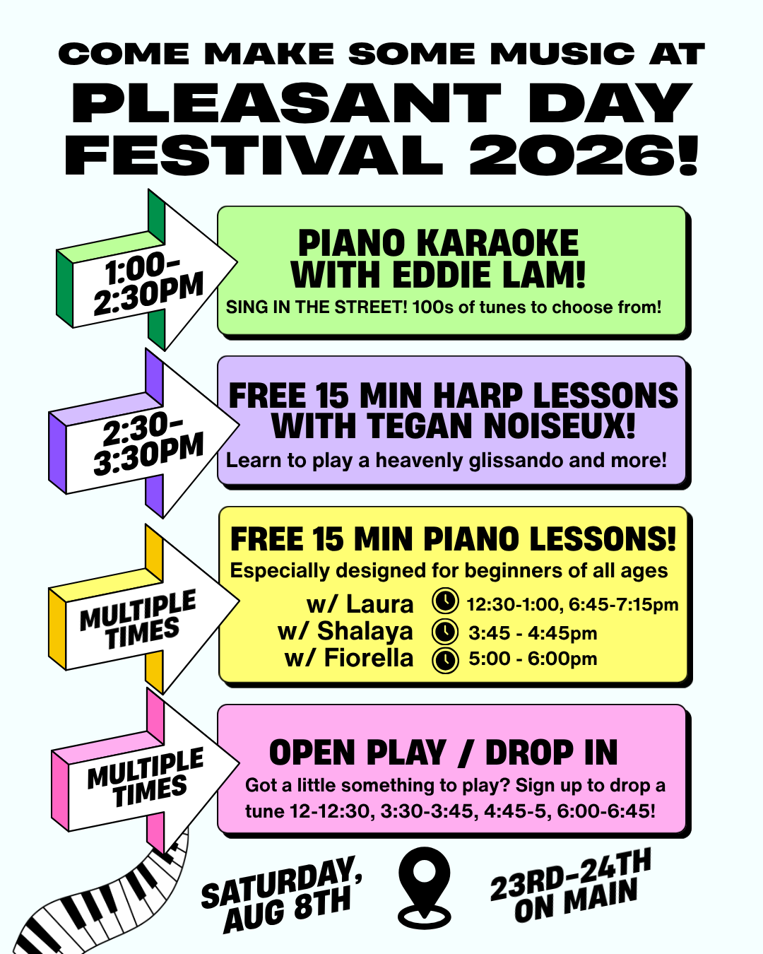 music students participate in pleasant day street festival 2026.  Free 15 minute lessons available to the public