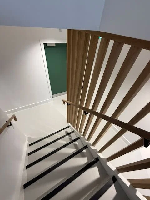 View of a staircase with wooden railing and black steps, leading down to a green door at the bottom.
