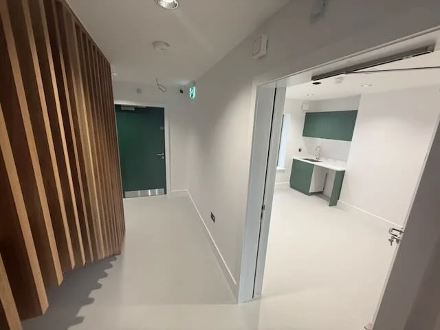 Modern, minimalistic interior with a hallway, wooden slat wall on the left, a green door at the end, and a kitchen area visible through an open doorway on the right.