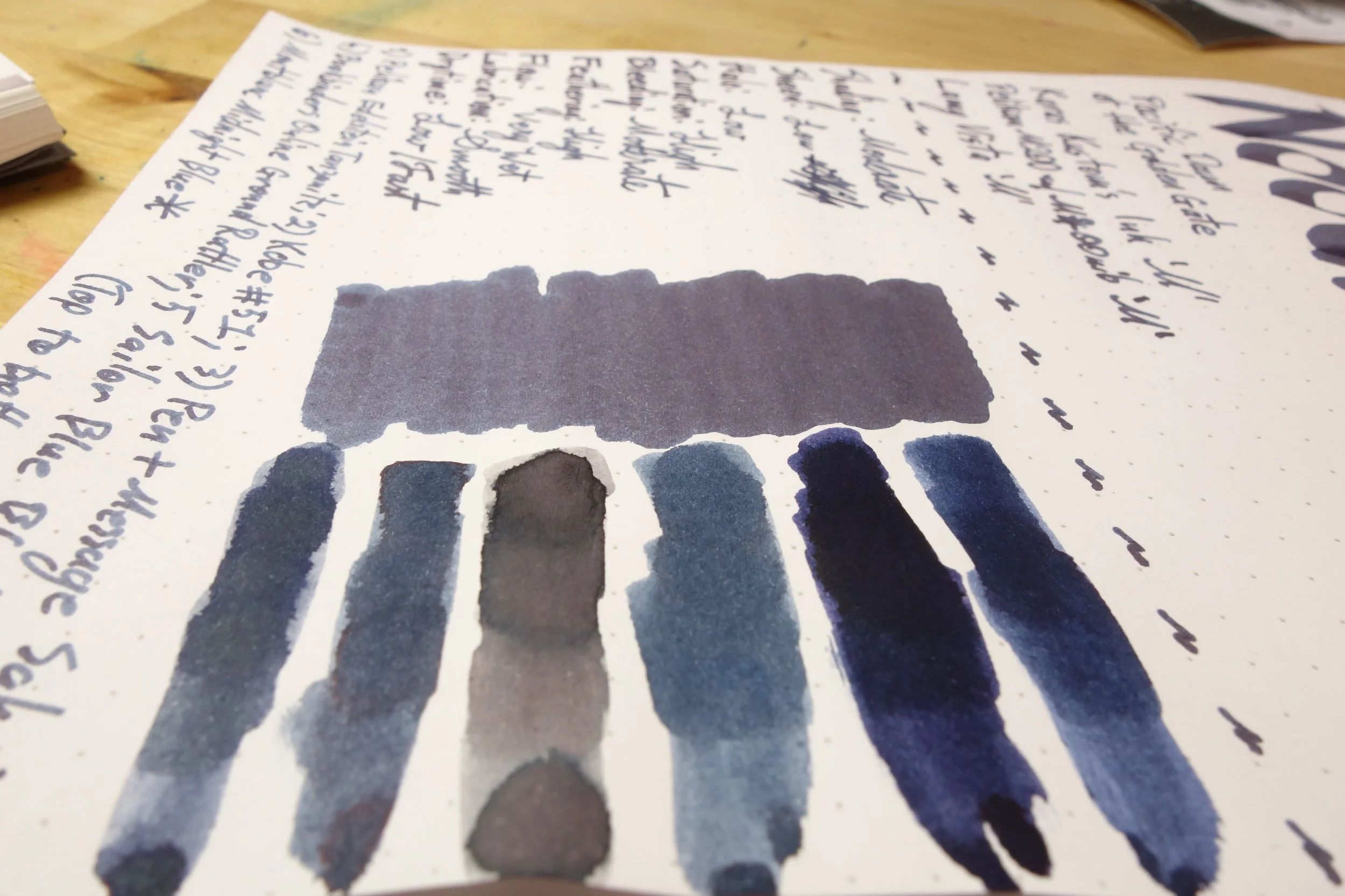 On Rhodia (left to right): 1) Montblanc Midnight Blue*; 2) Sailor Blue Black; 3) Bookbinder's Online Ground Rattler; 4) Pen + Message Saku; 5) Kobe #51 Kano Cho Midnight; and 6) Pelikan Edelstein Tanzanite. * My sample of this was unlabelled but I do believe this is indeed Montblanc Midnight Blue.