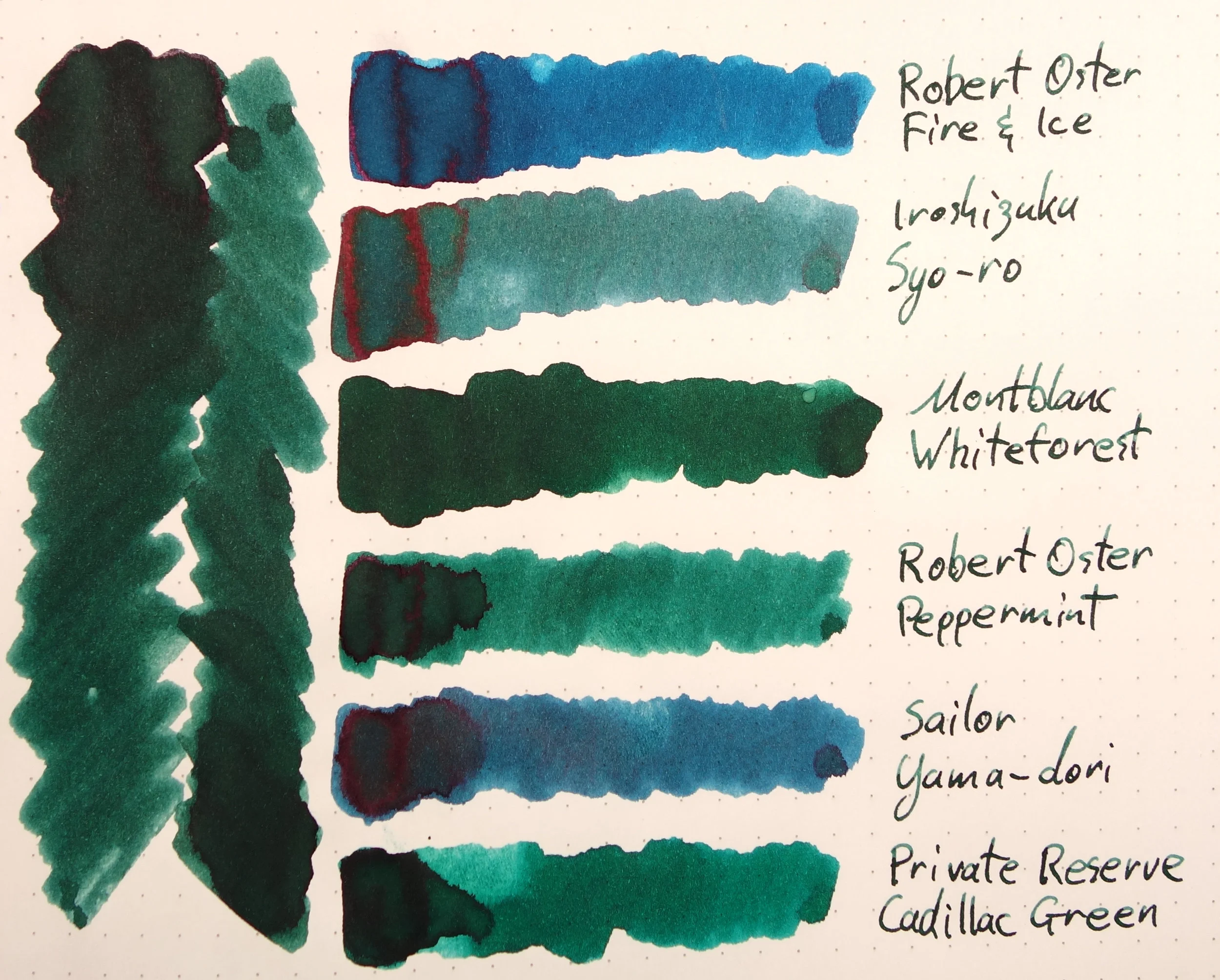 Top to bottom (River of Fire on the left): Robert Oster Fire and Ice, Iroshizuku Syo-ro, Montblanc Whiteforest, Robert Oster Peppermint, Sailor Yama-Dori, Private Reserve Cadillac Green