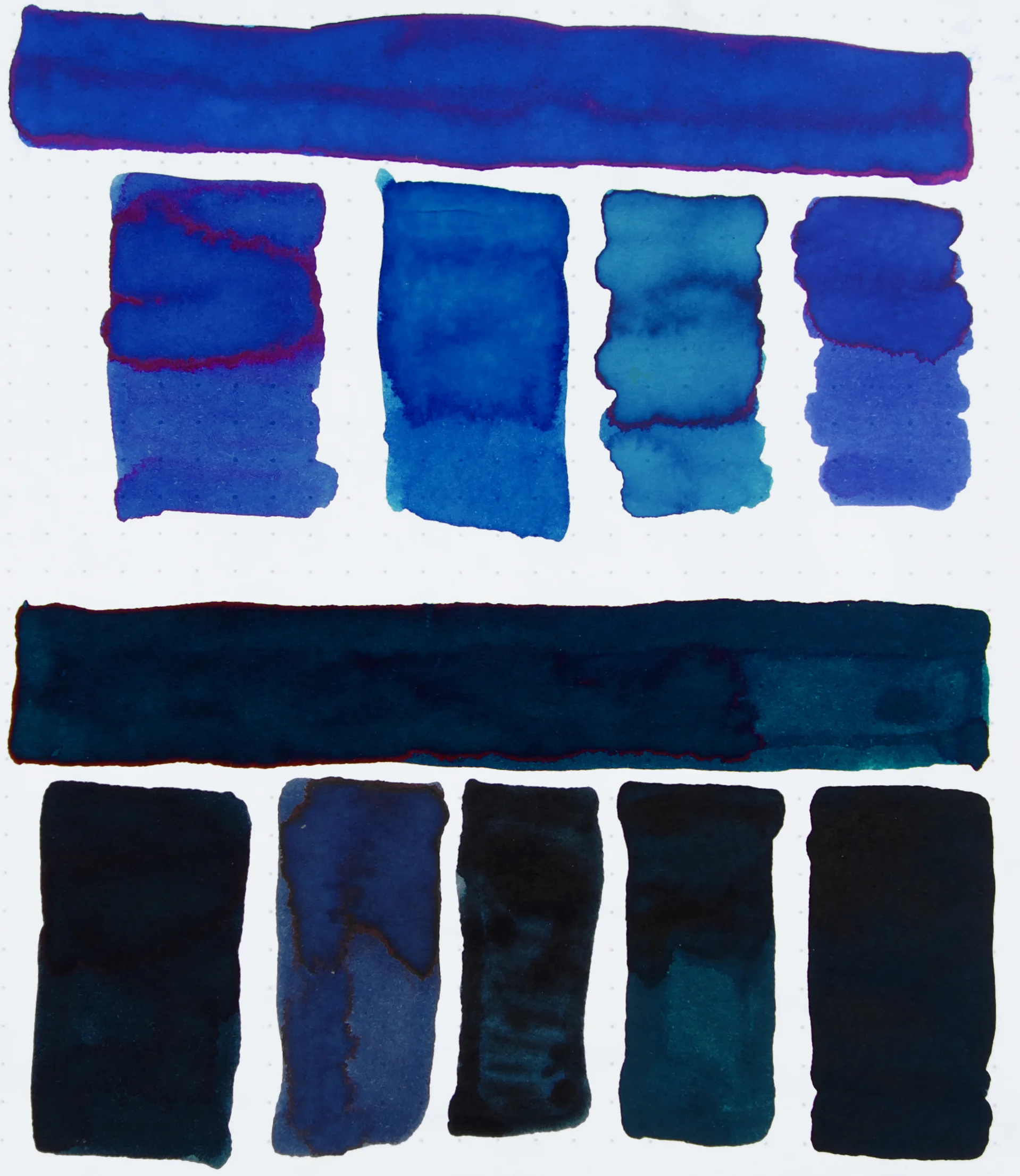 Rhodia White 80gsm Barrier Reef: Sailor Souten, Noodler's Midway Blue, Robert Oster Blue Lagoon, and Sailor Kobe No. 58 Hyogo Canal Blue. Sydney Harbour Blue: Private Reserve Ebony Blue, Iroshizuku Tsuki yo, Noodler's Aircorp Blue Black, KWZ IG Turquoise, and KWZ IG Blue No. 6.