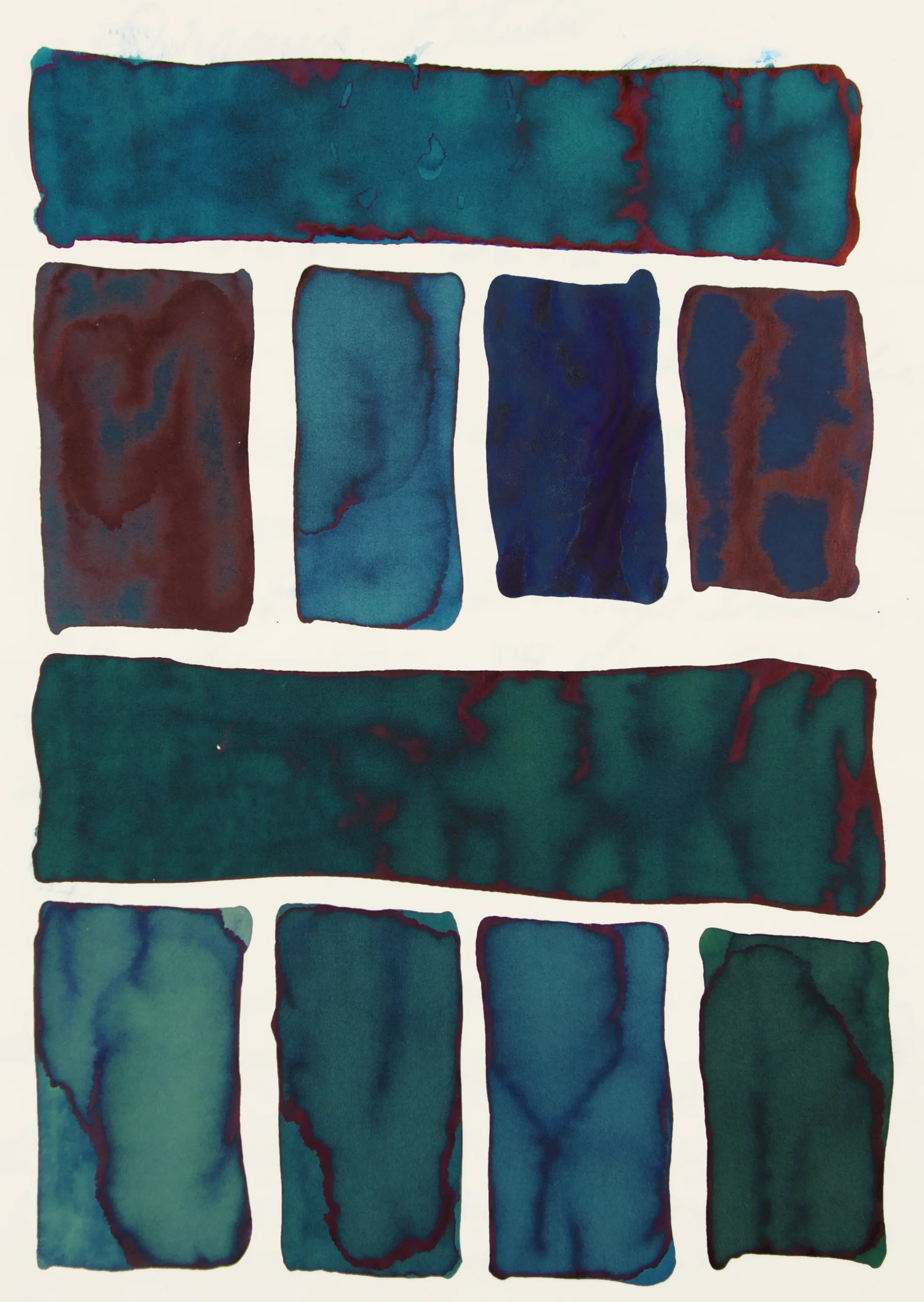 Tomoe River White/Ivory 52gsm Blue Gum: Sailor Yama Dori, Private Reserve Blue Suede, Noodler's Coral Sea, and Maruzen Athena Eternal Blue Blue Cypress: Waterman Mysterious Blue, Robert Oster Deap Sea, Private Reserve Blue Suede, and Robert Oster River of Fire.
