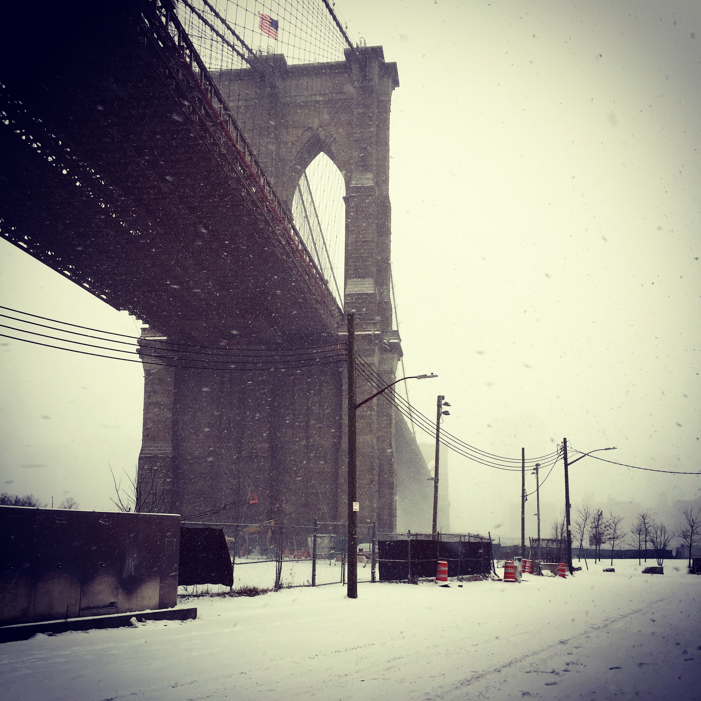 Brooklyn bridge, Snowy, outside St Ann's Warehouse, Jan 2017