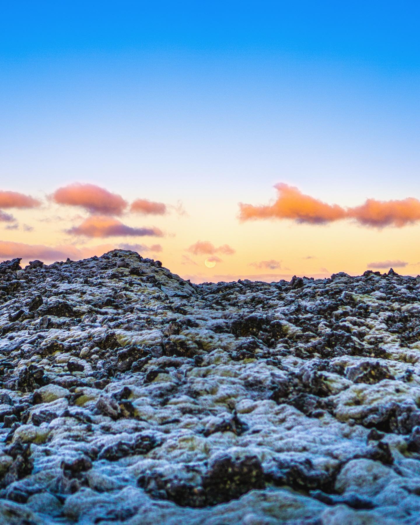 Iceland&rsquo;s Lava fields of Svartsengi, taken around 11am, the sun had finally risen, but moon continued to journey horizontally across the glowing sky 🌙
&bull;
&bull;
&bull;
#iceland  #icelandtravel  #exploreiceland #visiticeland #reykjavik #ice