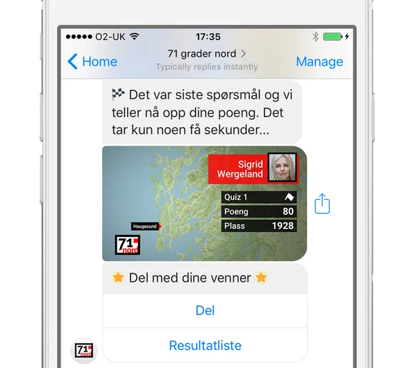 A personalised results animation is generated for players after each quiz they complete, showing their Facebook profile picture, name, quiz score and leaderboard position
