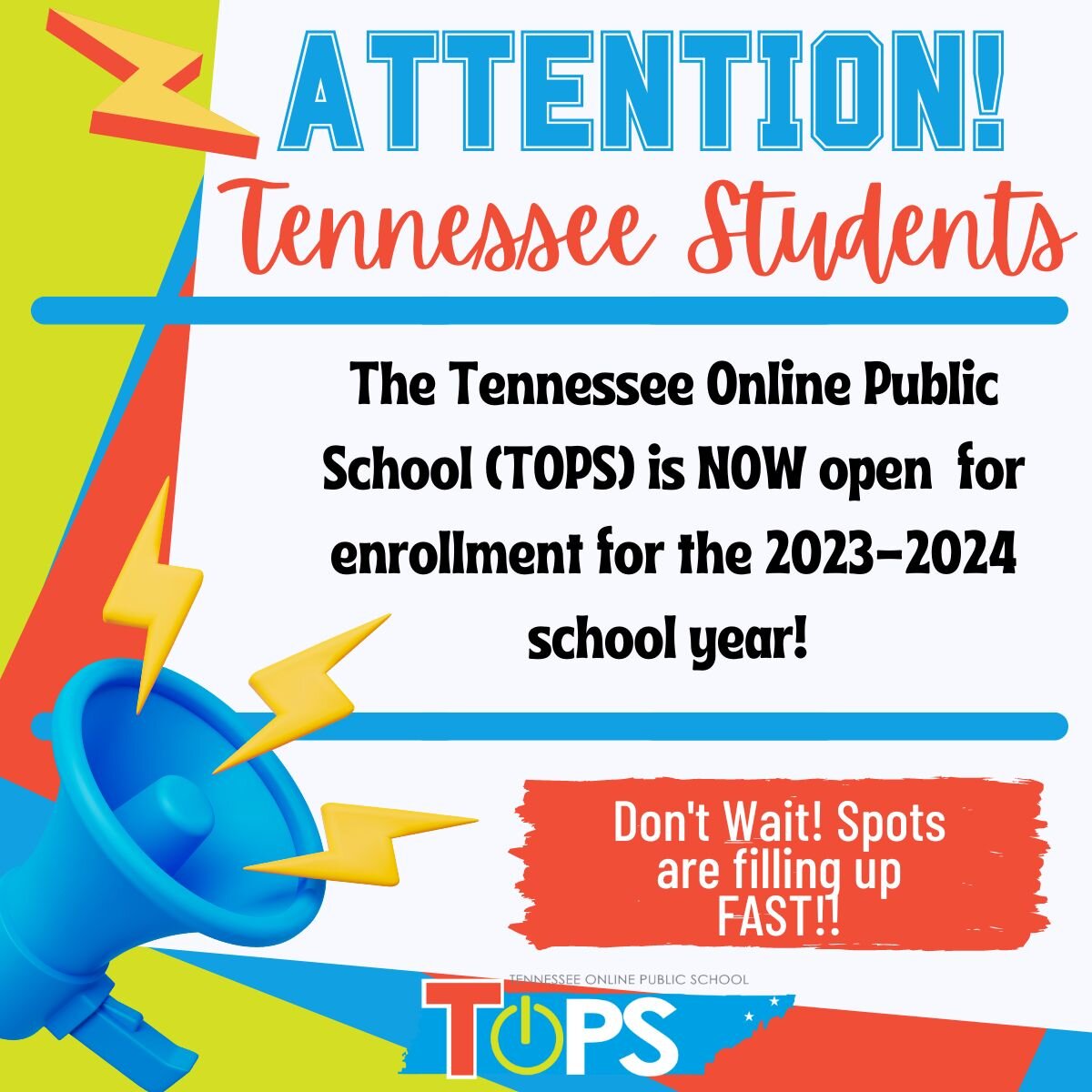 📣 Don't wait - spots are filling up fast! Register today and join the TOPS community! 📣

The Tennessee Online Public School (TOPS) is excited to open its virtual doors for the 2023-2024 school year! 🎉📚

We're a free public school offering a uniqu