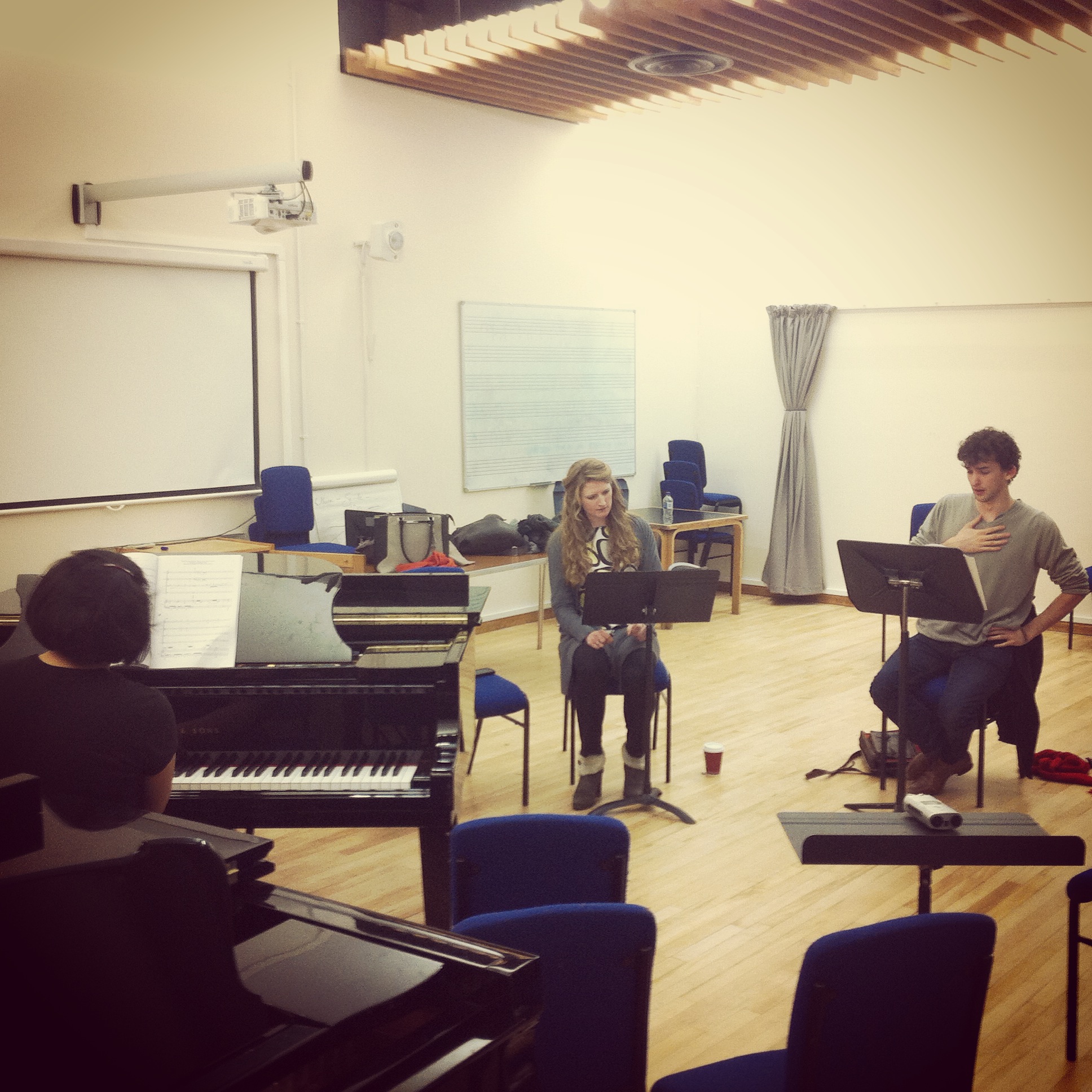 Évariste Opera vocal score rehearsal, early 2015. Callie Swarbrick as Examiner Pochon and Jonathan Hyde as Évariste..JPG