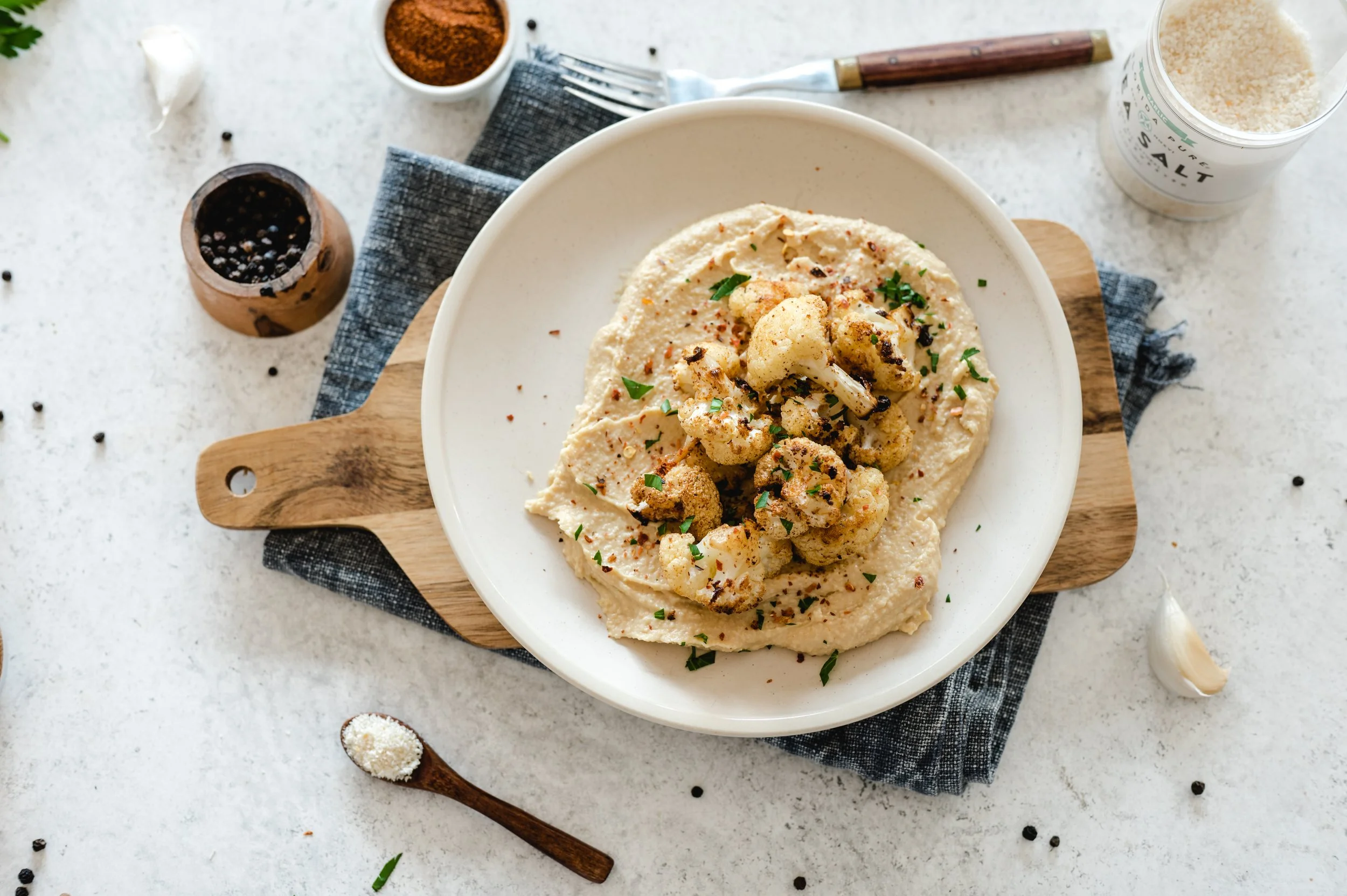 Roasted Cauliflower with Hummus and Garlic Sea Salt