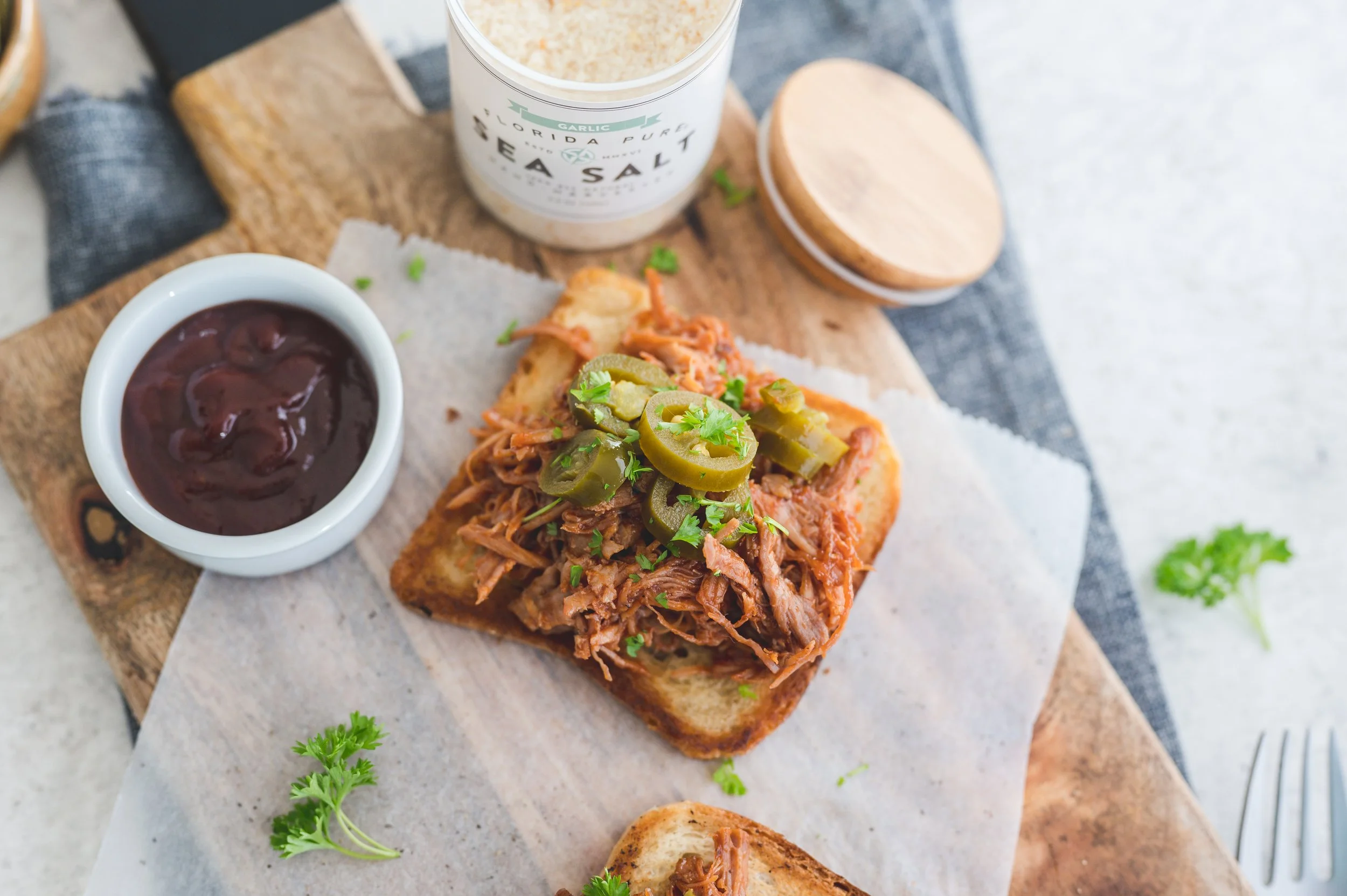 Pulled Pork Bruschetta with Garlic Infused Sea Salt