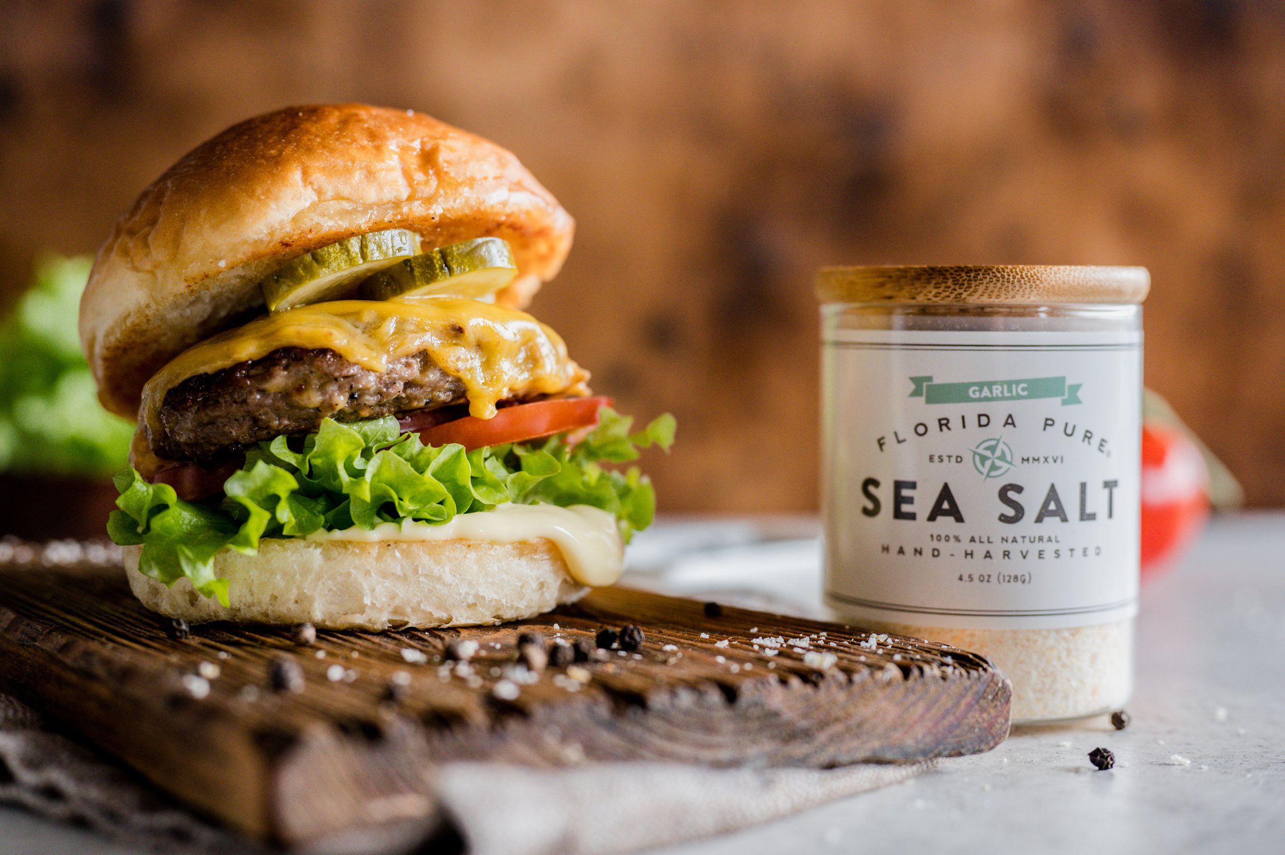 Beef and Cheese Burger with Garlic Infused Sea Salt