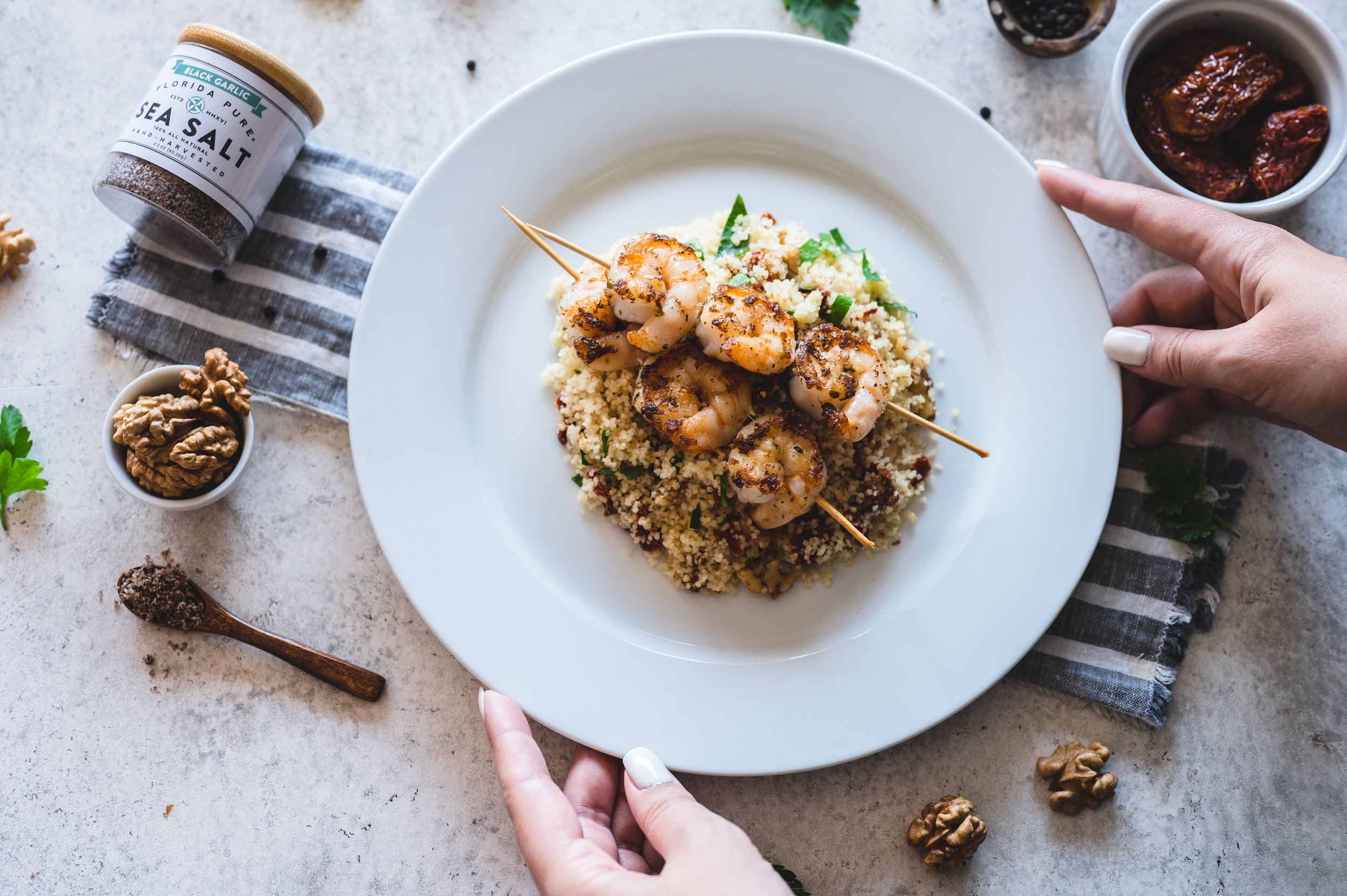 Shrimp Skewers with Black Garlic Sea Salt