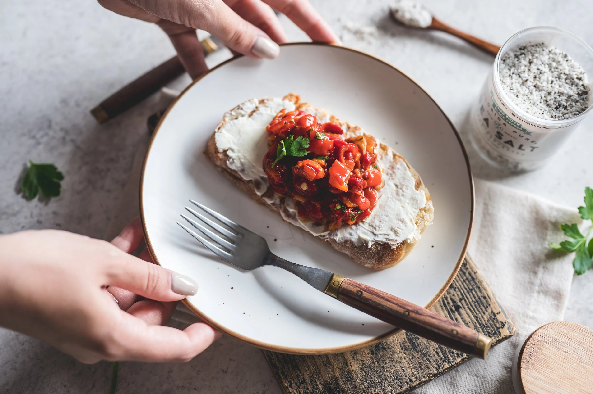 Roasted Pepper Bruschetta with Butcher's Block Black Pepper Sea Salt