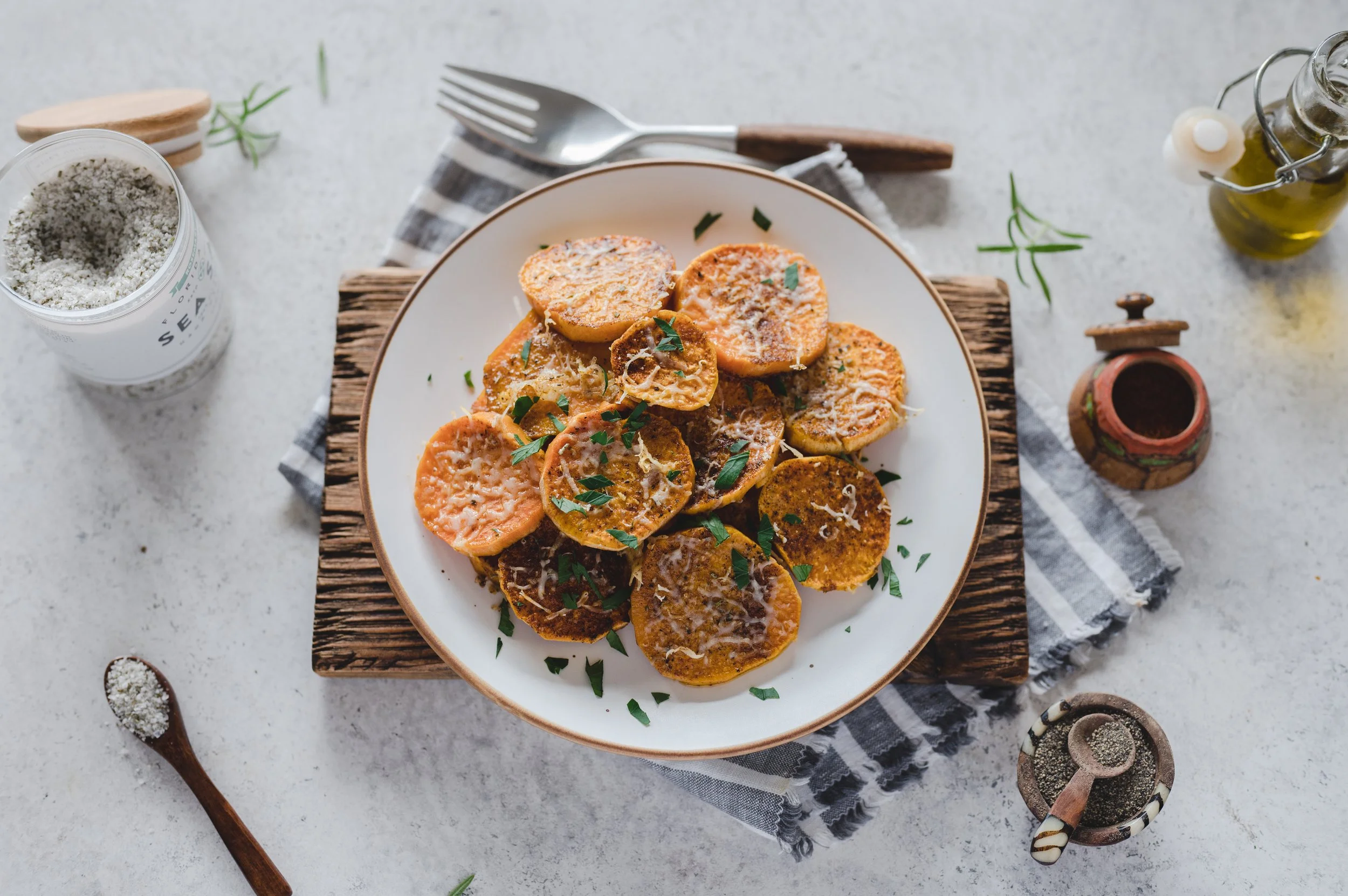 Roasted Sweet Potatoes with Rosemary Infused Sea Salt