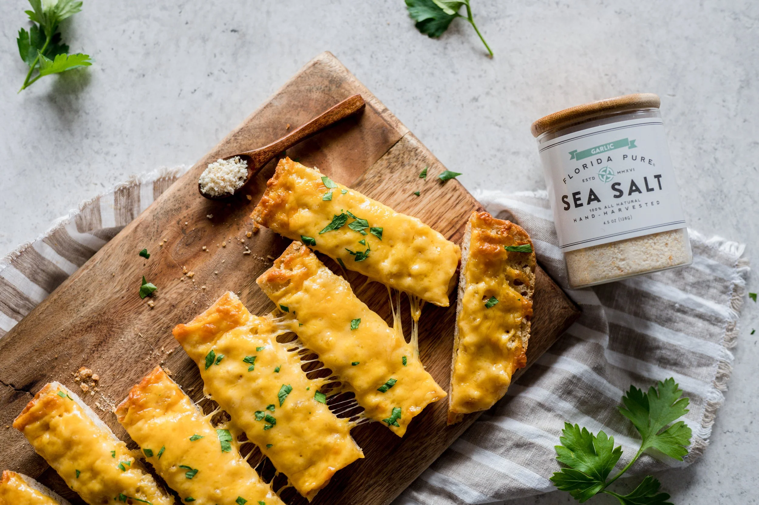 Cheesy Garlic Bread with Garlic Infused Sea Salt