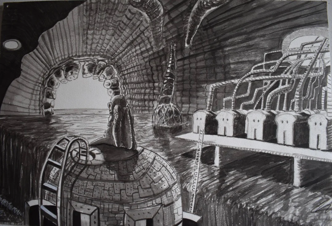 Man Cave, sumi ink in paper, 15x22