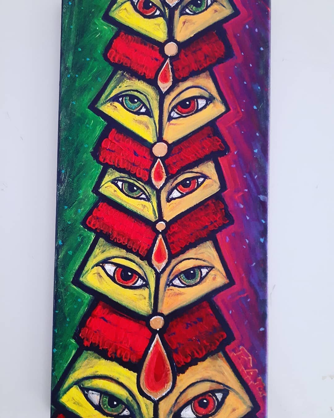 Eye Totem pt. I 
Acrylic on Canvas
10&quot;x20&quot;&times;5/8&quot;
Asking $100. DM me if you're interested. 

The idea is there's a four sided totem of eyes which are chained together vertically. Each face/eye has it's own free will to look anywher