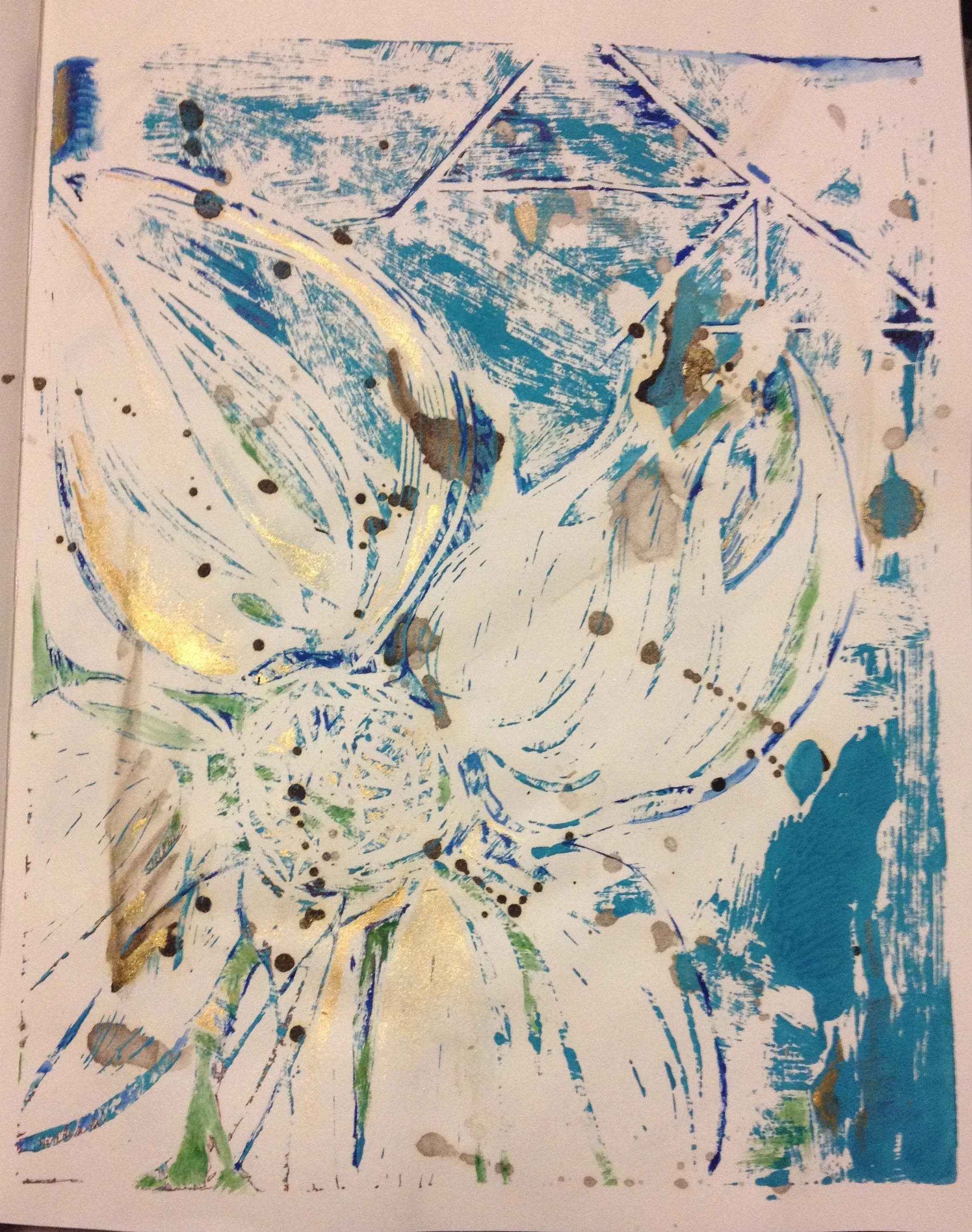  8.25"x11' Linoleum Cut Print on paper with hand-painted ink and acrylic paint details. $175.&nbsp; 