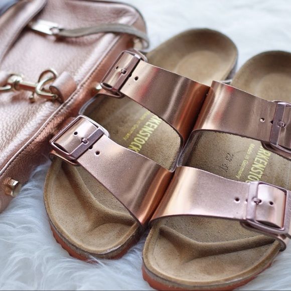 birkenstock rose gold arizona soft footbed metallic sandals