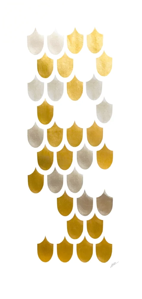 Double Shift #1 , 2018, gold and silver leaf on BFK Rives paper. Data from the Organisation for Economic Co-operation and Development (OECD) and The Carrying Stones Project. 30 x 14 inches.