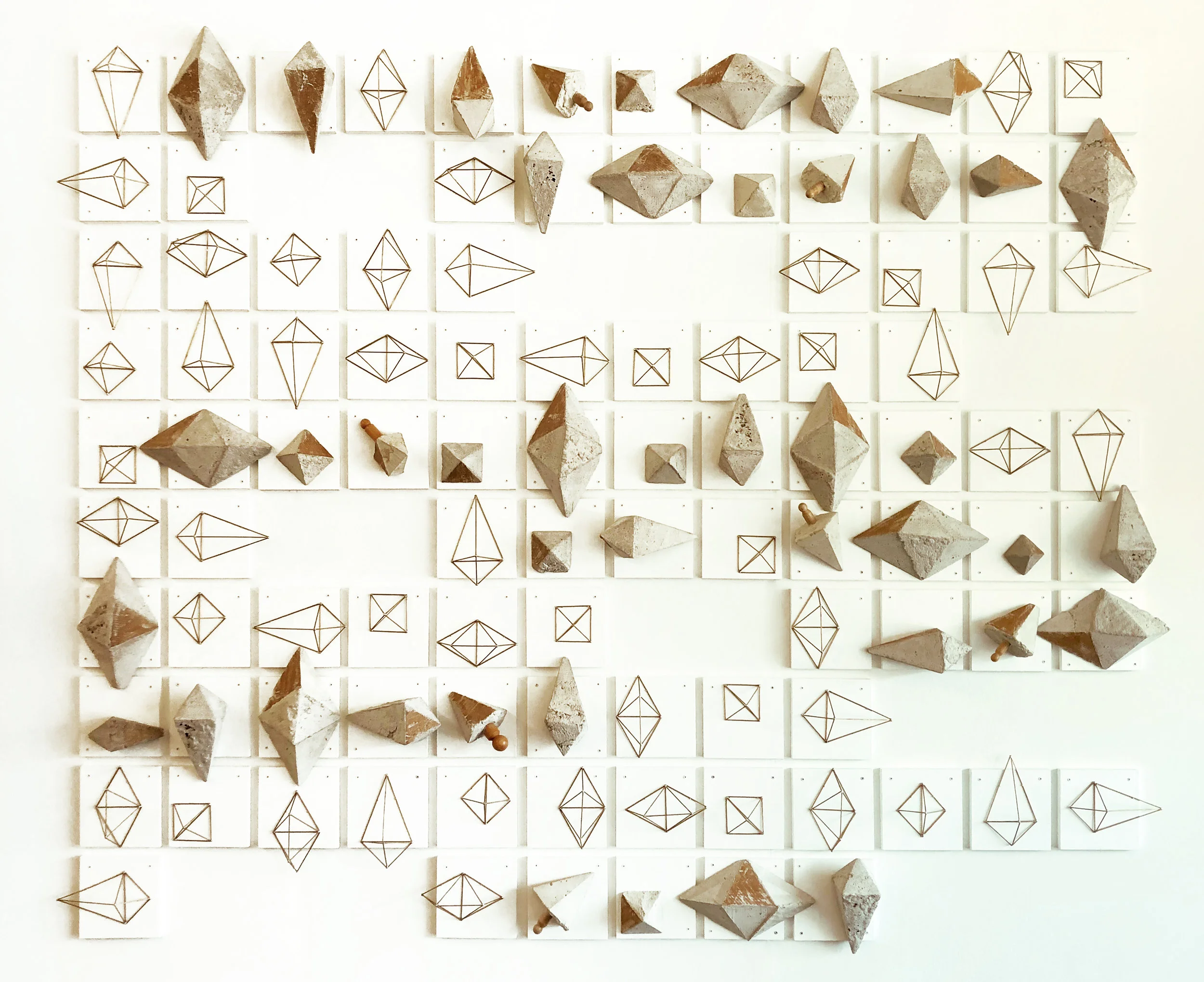 Tracy, Mortar, brass tubes, silver solder, wood, 144 x 96 x 8 in
