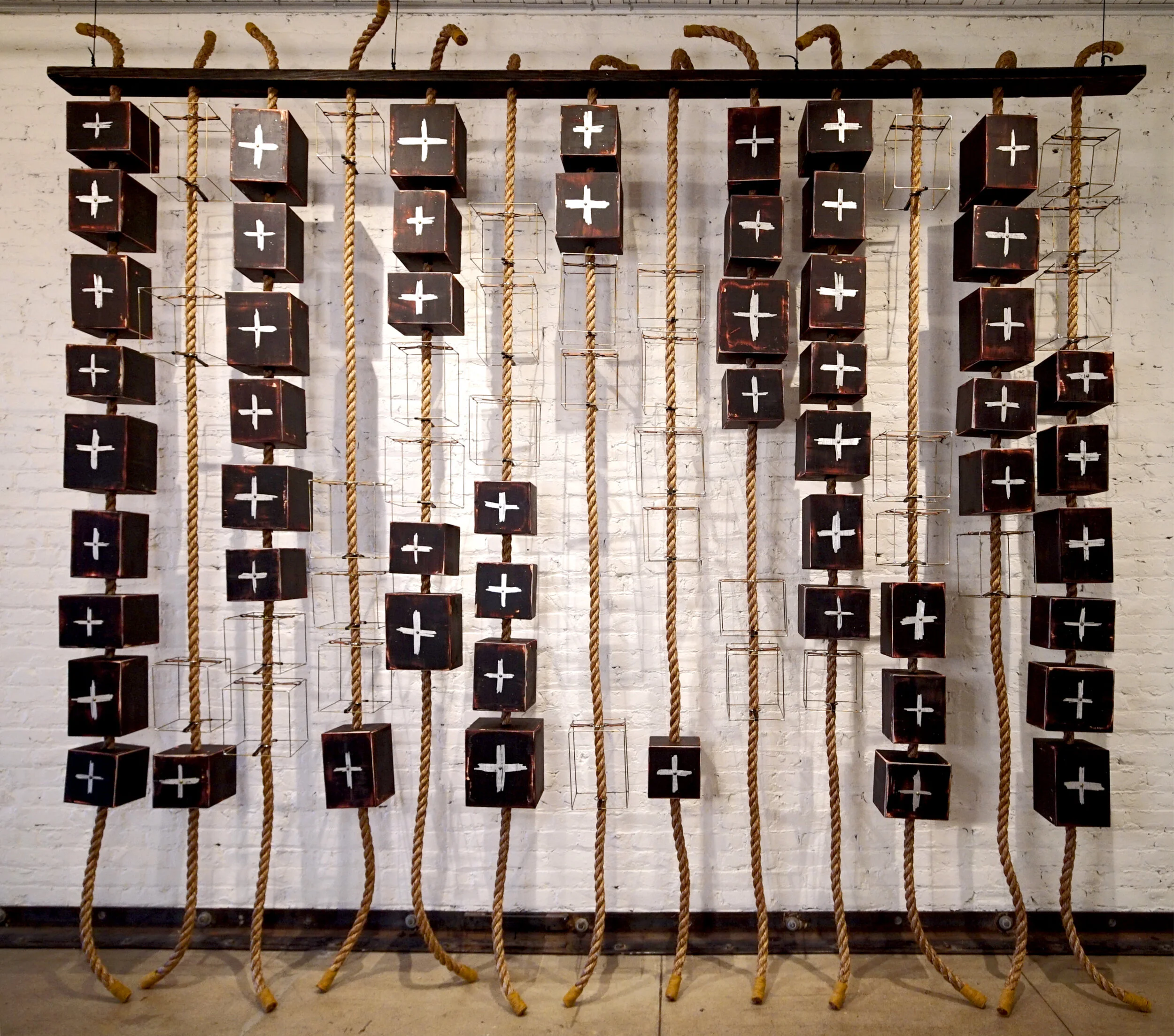 Renée, 2019, Wood, Brass, Silver Leaf, Silver Solder, Rope, 140 x 120 x 10 inches