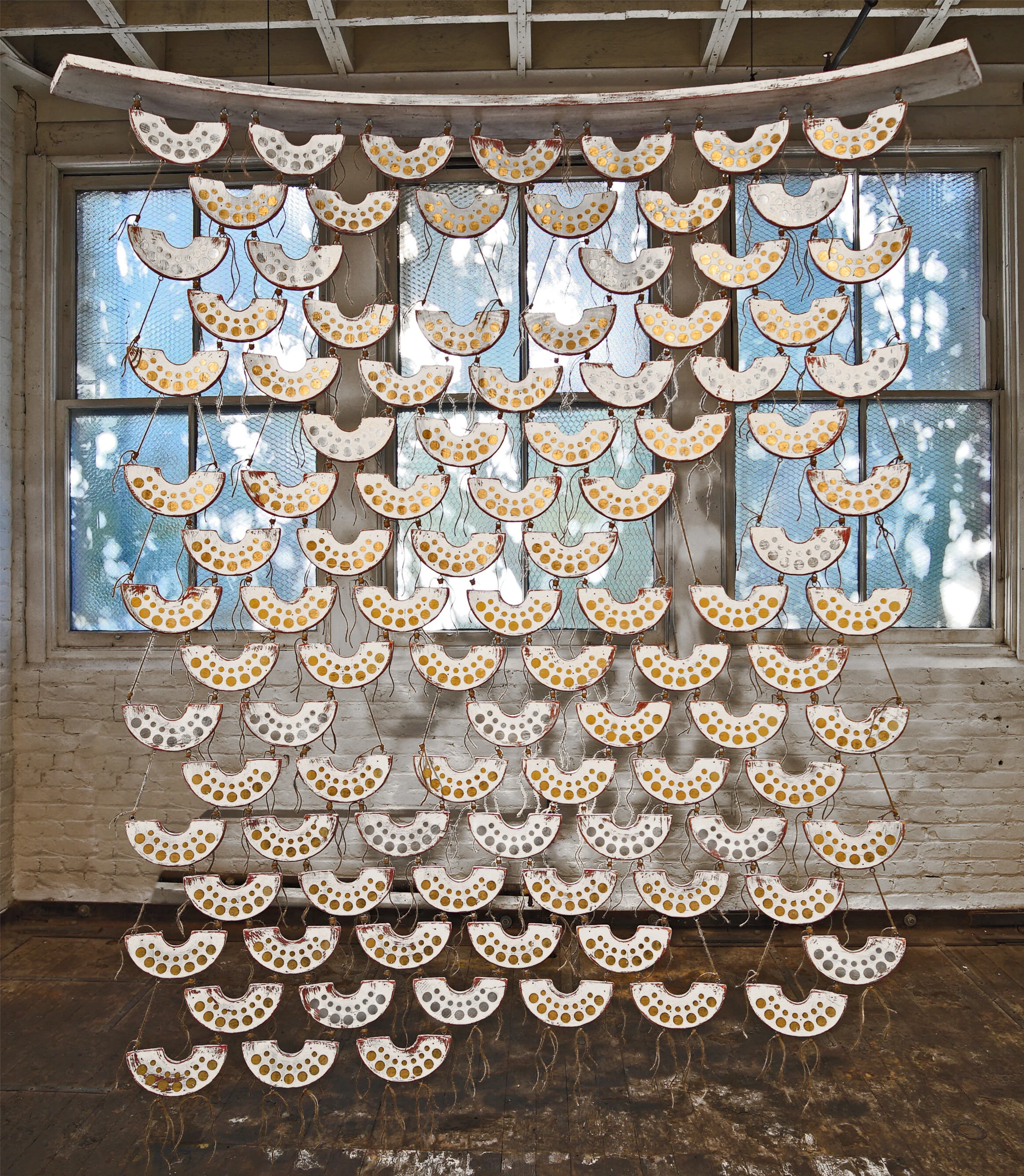 Loeta, 2019, Wood, Gold and Silver Leaf, Sisal, Acrylic, 88 x 120 x 15 inches