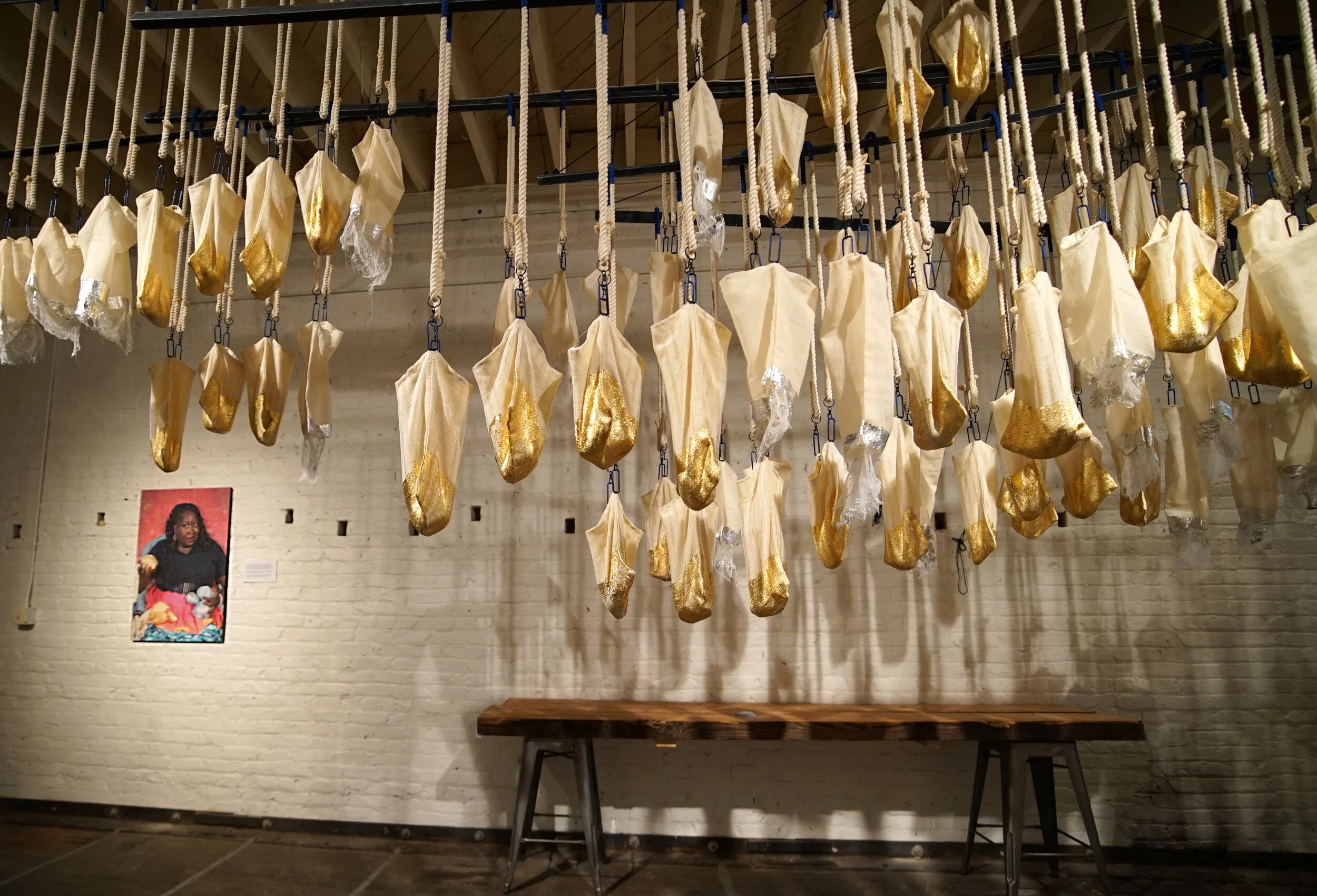 Dawline, 2019, Linen, Cotton, Rope, Gold and Silver Leaf, Metal Clasps and Rings, Wood, Stones, Acrylic, Enamel, 72 x 60 x 180 inches (as installed; variable)