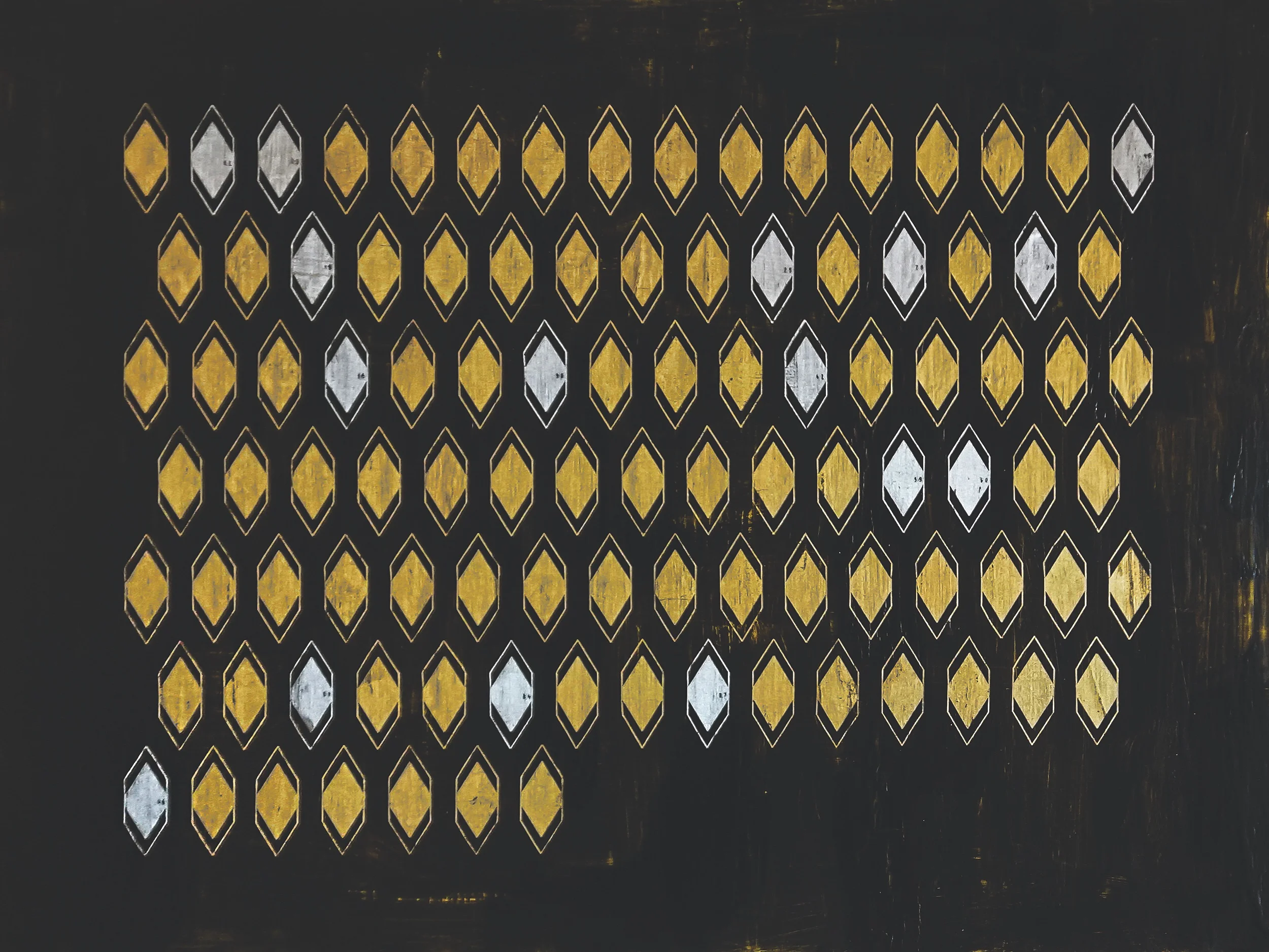 Second Class: Women in the Academy, 2019, Milk paint, gold and silver leaf on panel, 30 x 40 inches