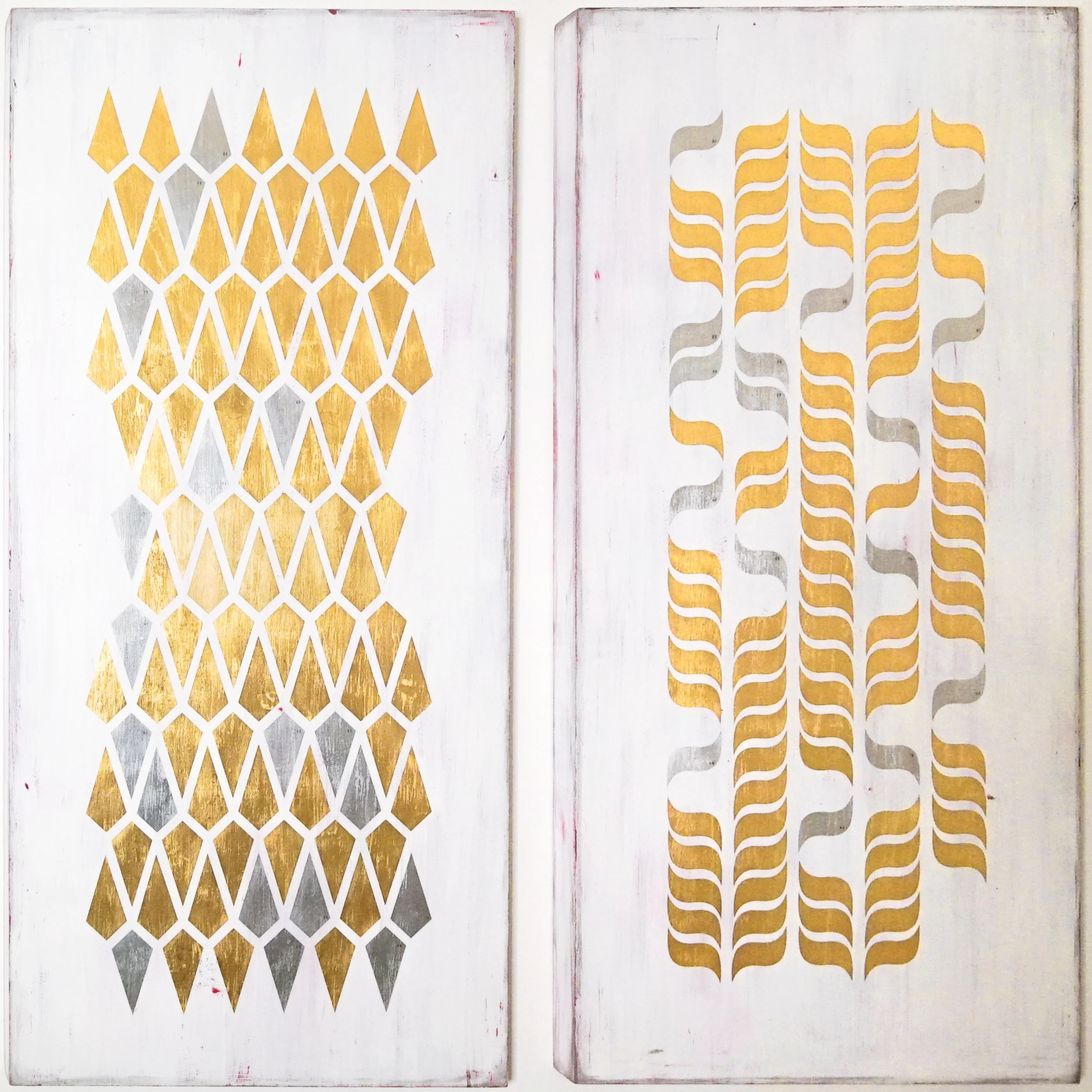 Lost to Sight: Women in the Arts, 2019, Acrylic, gold and silver leaf on panel, 60 x 30 inches Lost to Sight: Women in Film and Television, 2019, Acrylic, gold and silver leaf on panel, 60 x 30 inches